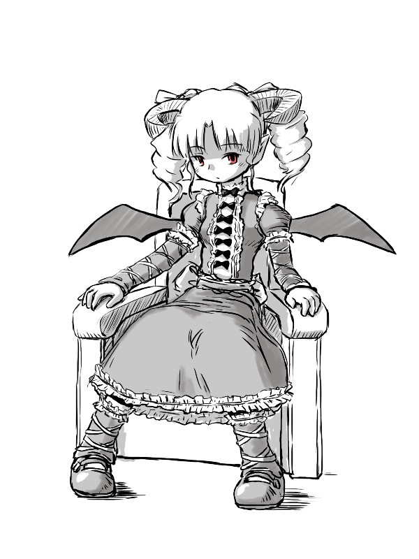 longhorn, os-tan, 1girl, bat wings, blush, bow, chair, drill hair, female focus, frills, greyscale, lolita fashion, monochrome, pointy ears, red eyes, ribbon, sitting, solo, twin drills, wings