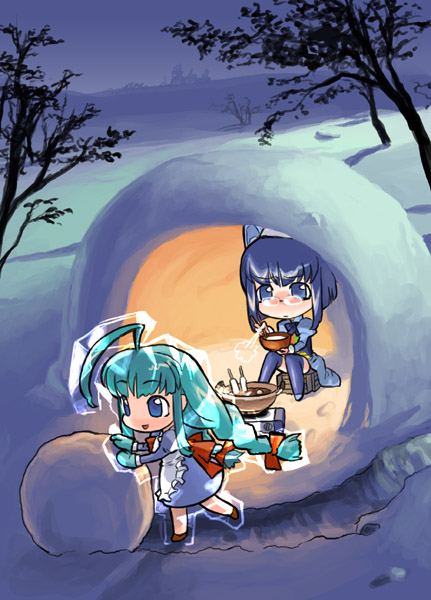 2k-tan, me-tan, os-tan, 2girls, ahoge, blue eyes, blue hair, braid, glasses, green hair, multiple girls, thighhighs, twin braids