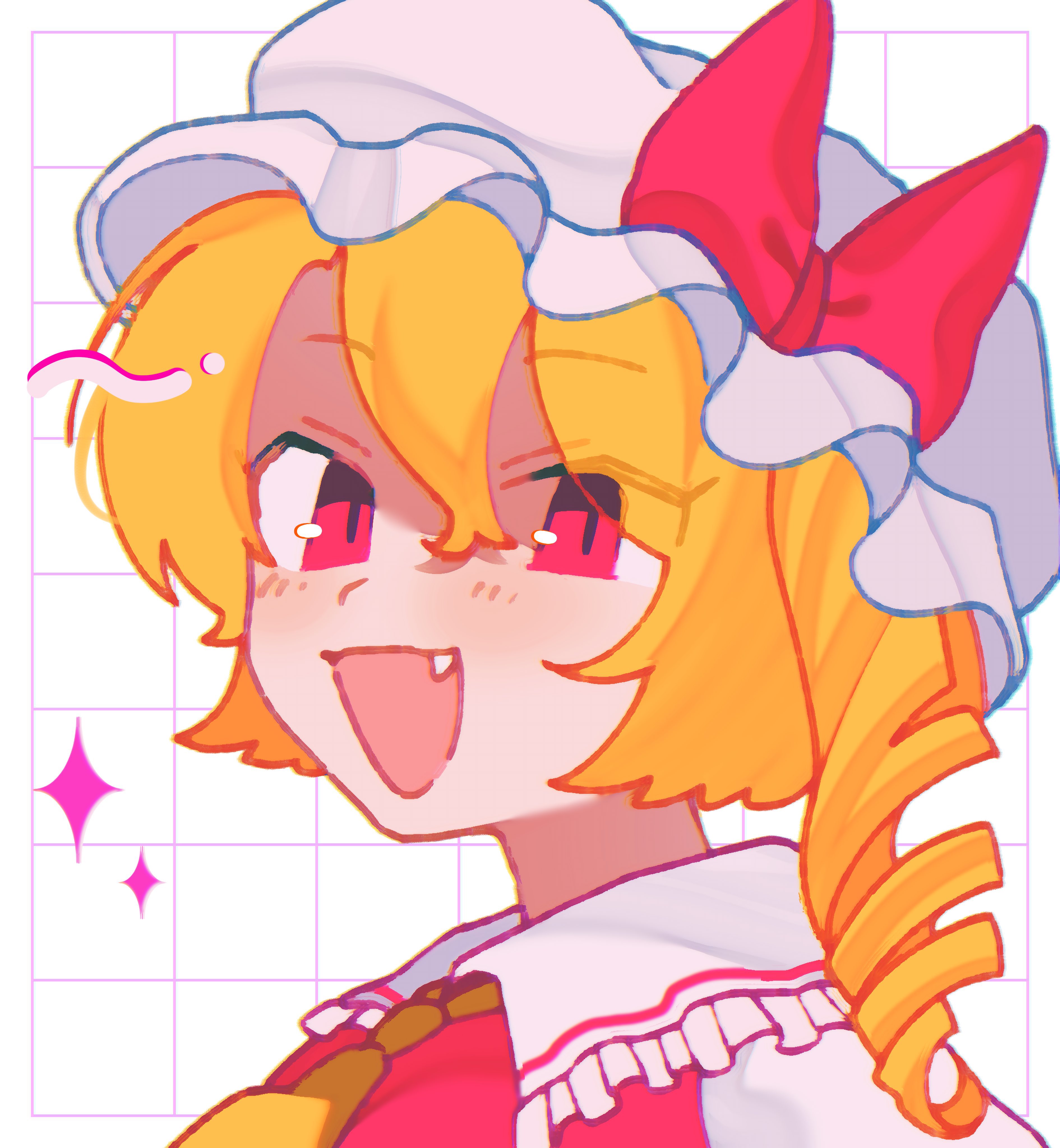 toho suimei, flandre scarlet, touhou, absurdres, highres, blonde hair, blush, dress, drill hair, fang, hair between eyes, hat, looking at viewer, medium hair, mob cap, neckerchief, open mouth, portrait, red dress, red eyes, side drill, single drill, smile, vampire, yellow neckerchief