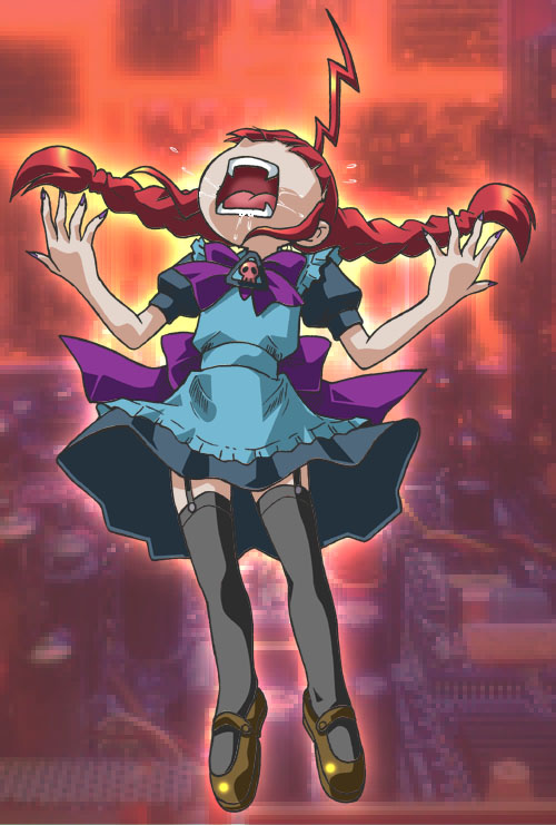 we-tan, os-tan, 1girl, ahoge, black thighhighs, blue dress, bow, bowtie, braid, dress, female focus, garter straps, long hair, maid, mary janes, open mouth, red hair, saliva, shoes, short sleeves, sign, skull, solo, teeth, thighhighs, twin braids, warning sign, zettai ryouiki