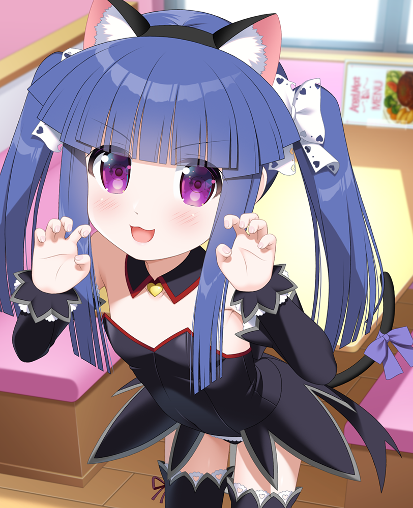 gaou (babel), furude rika, higurashi no naku koro ni, commentary request, 1girl, :d, angel mort, animal ear fluff, animal ears, bare shoulders, black hairband, black leotard, black sleeves, black thighhighs, blue hair, blush, cat ears, cat tail, couch, day, detached sleeves, fake animal ears, hairband, heart, indoors, leaning forward, leotard, long hair, long sleeves, looking at viewer, menu, open mouth, purple eyes, smile, solo, strapless, strapless leotard, sunlight, table, tail, thighhighs, twintails, window, wooden floor