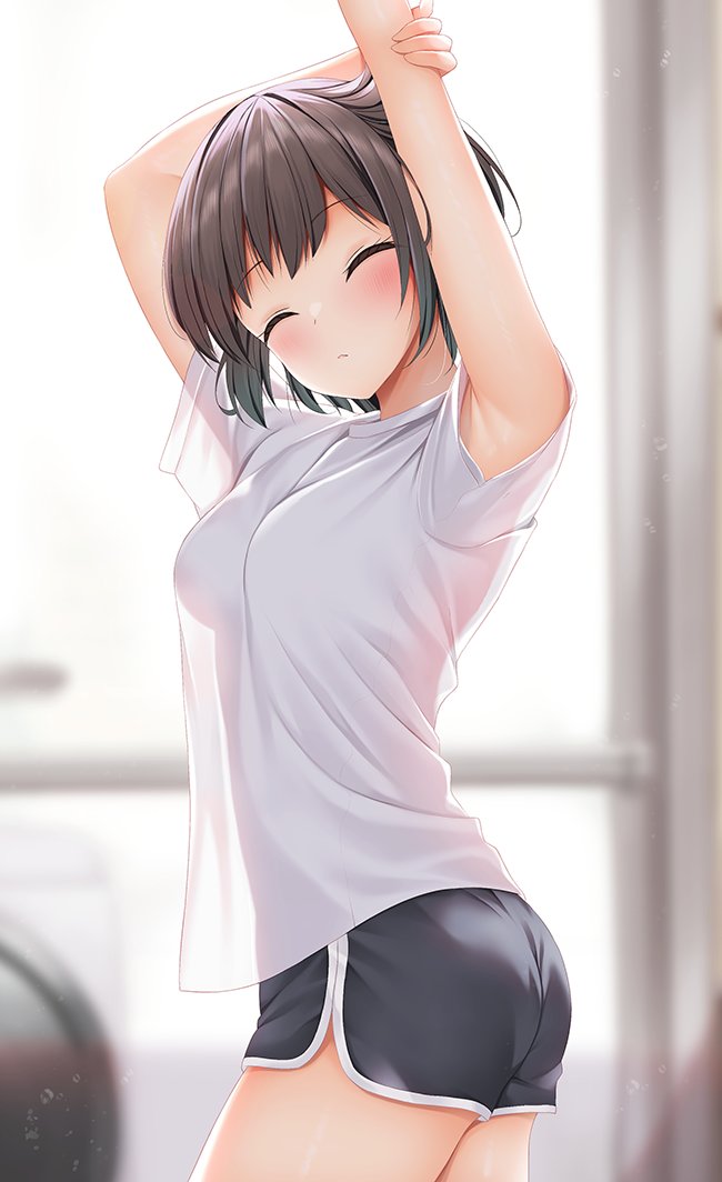 minato ojitan, original, 1girl, armpits, arms up, ass, black shorts, blush, breasts, brown hair, closed eyes, closed mouth, facing viewer, indoors, medium breasts, shirt, short hair, short sleeves, shorts, solo, stretching, white shirt, workout clothes