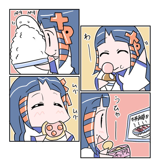 xp-tan, os-tan, 1girl, ad, arm up, blue hair, blush, bowl, chibi, comic, eating, food, hair ornament, hairpin, rice, silent comic, smile, sweatdrop, television