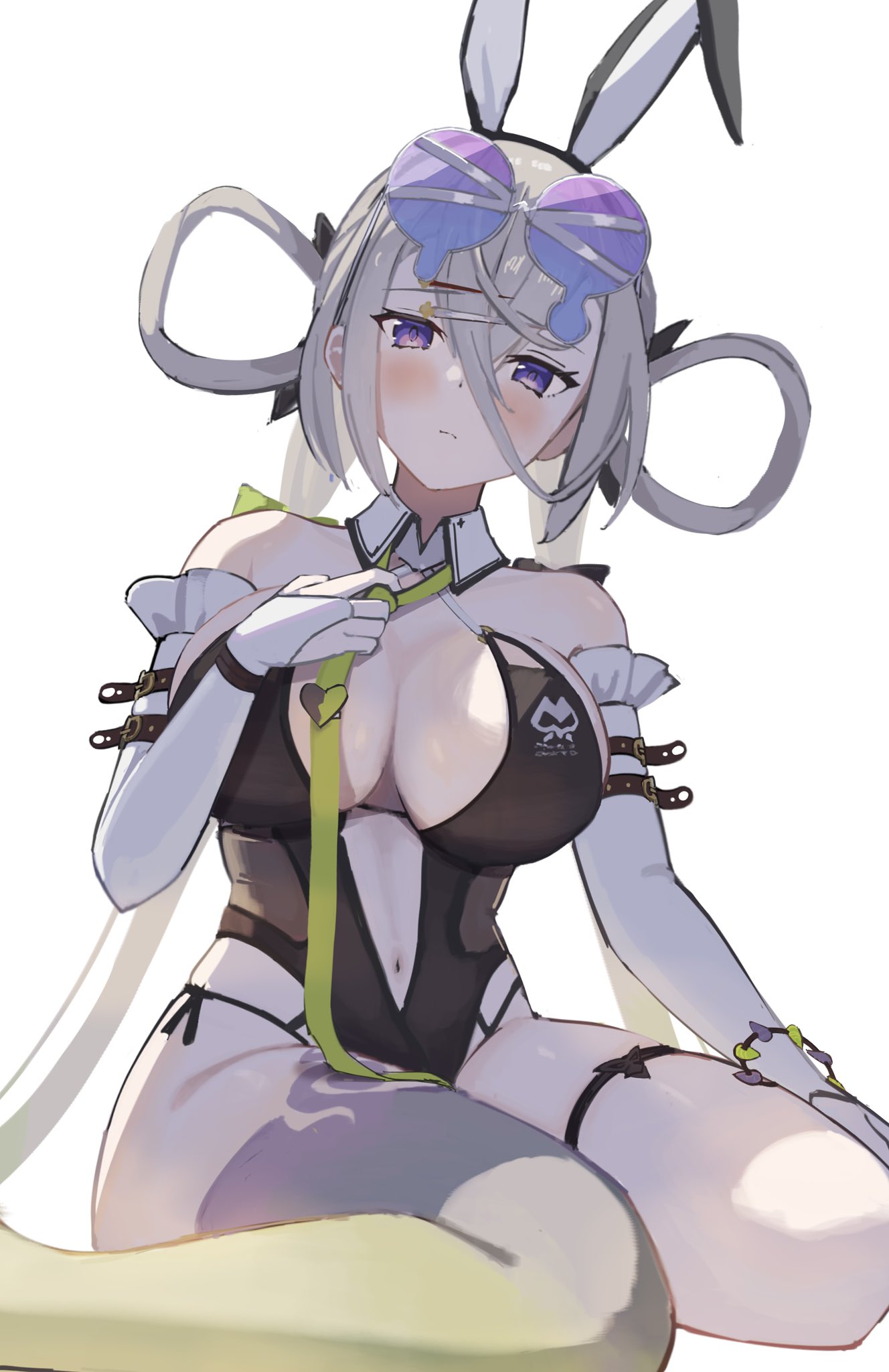 bomberca309, huyan zhuo (fate), fate/grand order, fate (series), highres, 1girl, animal ears, bare shoulders, black one-piece swimsuit, blush, breasts, cleavage, detached collar, detached sleeves, eyewear on head, fake animal ears, grey hair, hair between eyes, hair ornament, hair rings, hairclip, highleg, highleg one-piece swimsuit, huyan zhuo (swimsuit berserker) (fate), large breasts, long hair, looking at viewer, low twintails, navel, necktie, one-piece swimsuit, plunging neckline, purple eyes, sunglasses, swimsuit, thigh strap, thighs, twintails, very long hair