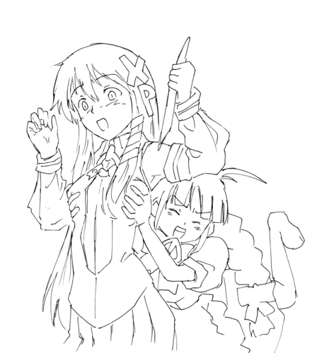 me-tan, xp-tan, os-tan, lowres, 2girls, braid, breasts, closed eyes, grabbing another's breast, greyscale, groping, monochrome, multiple girls, thighhighs