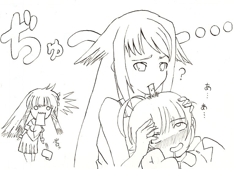 me-tan, saya (saya no uta), xp-tan, os-tan, saya no uta, head, 3girls, blush, greyscale, headgear, monochrome, multiple girls, naughty face, o o, open mouth, short sleeves, simple background, skirt, stick, surprised, white background, wide-eyed