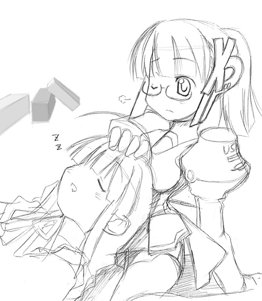 homeko, me-tan, xp home-tan, xphome, os-tan, 2girls, ahoge, closed eyes, glasses, greyscale, monochrome, multiple girls, one eye closed, sleeping, thighhighs, wink