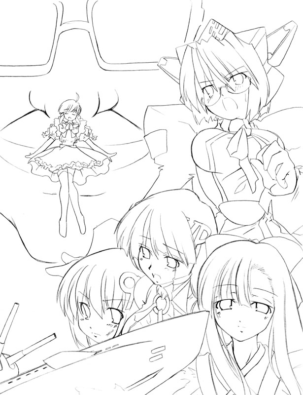 2k-tan, 95-tan, 98-tan, me-tan, xp-tan, os-tan, 5girls, glasses, greyscale, monochrome, multiple girls