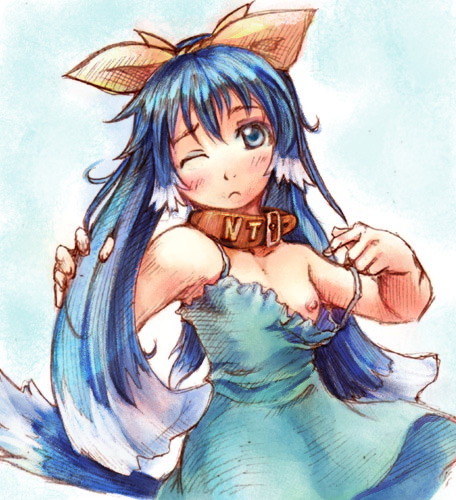 inu-t, os-tan, lowres, 1girl, ;(, blue eyes, blue hair, blush, bow, breasts, choker, female focus, frown, looking at viewer, matching hair/eyes, medium breasts, nipple slip, nipples, off shoulder, one eye closed, solo, upper body, yellow bow