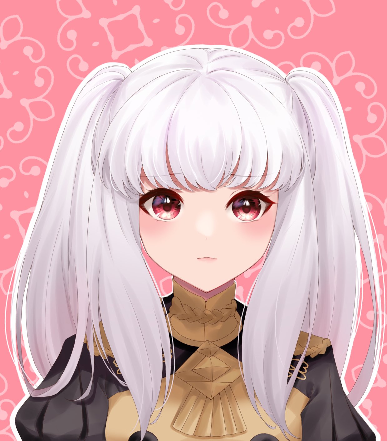 ell 0314, lysithea von ordelia, fire emblem, fire emblem: three houses, nintendo, commentary, highres, 1girl, alternate hairstyle, blush, closed mouth, dress, epaulettes, garreg mach monastery uniform, long hair, long sleeves, looking at viewer, pink eyes, portrait, solo, twintails, upper body, white hair