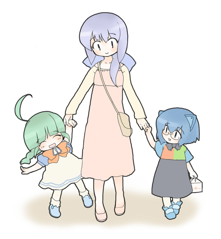 2k-tan, mama-t, me-tan, os-tan, 3girls, :d, ^ ^, ahoge, bag, blue eyes, blue hair, bow, bowtie, child, closed eyes, collarbone, dress, full body, glasses, green hair, handbag, holding hands, multiple girls, open mouth, purple hair, red bow, short hair, sign, simple background, smile, standing, walking, warning sign, white background