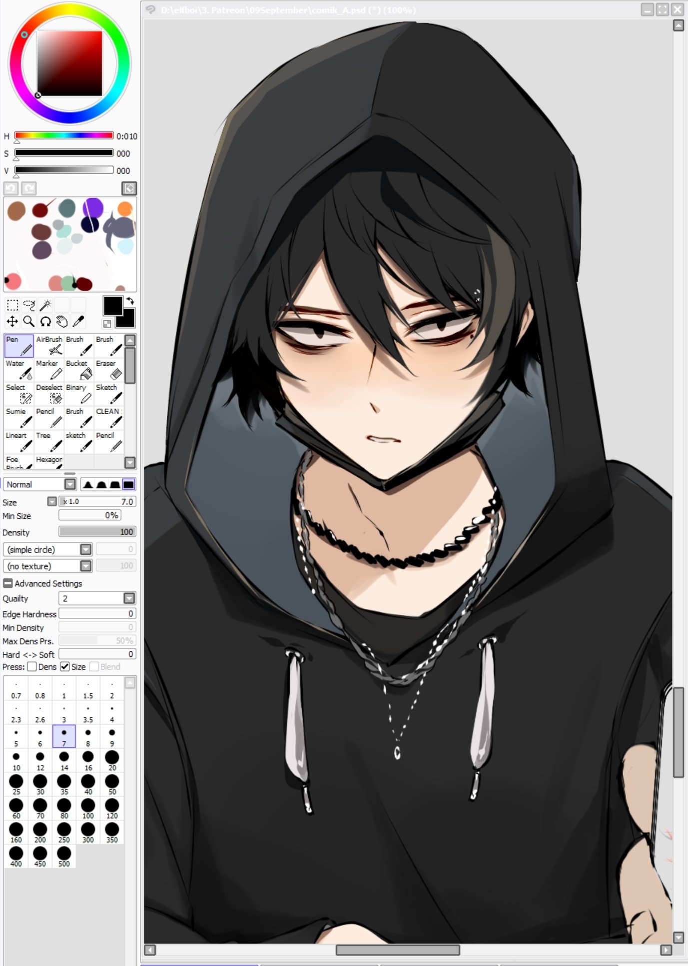 elfboiii, original, screencap, commentary, english commentary, highres, 1boy, :/, art program in frame, bags under eyes, black hair, black hoodie, clenched teeth, constricted pupils, fourth wall, hair between eyes, hood, hood up, hoodie, looking at viewer, male focus, mask, mask down, mouth mask, multiple necklaces, short hair, solo, teeth, upper body