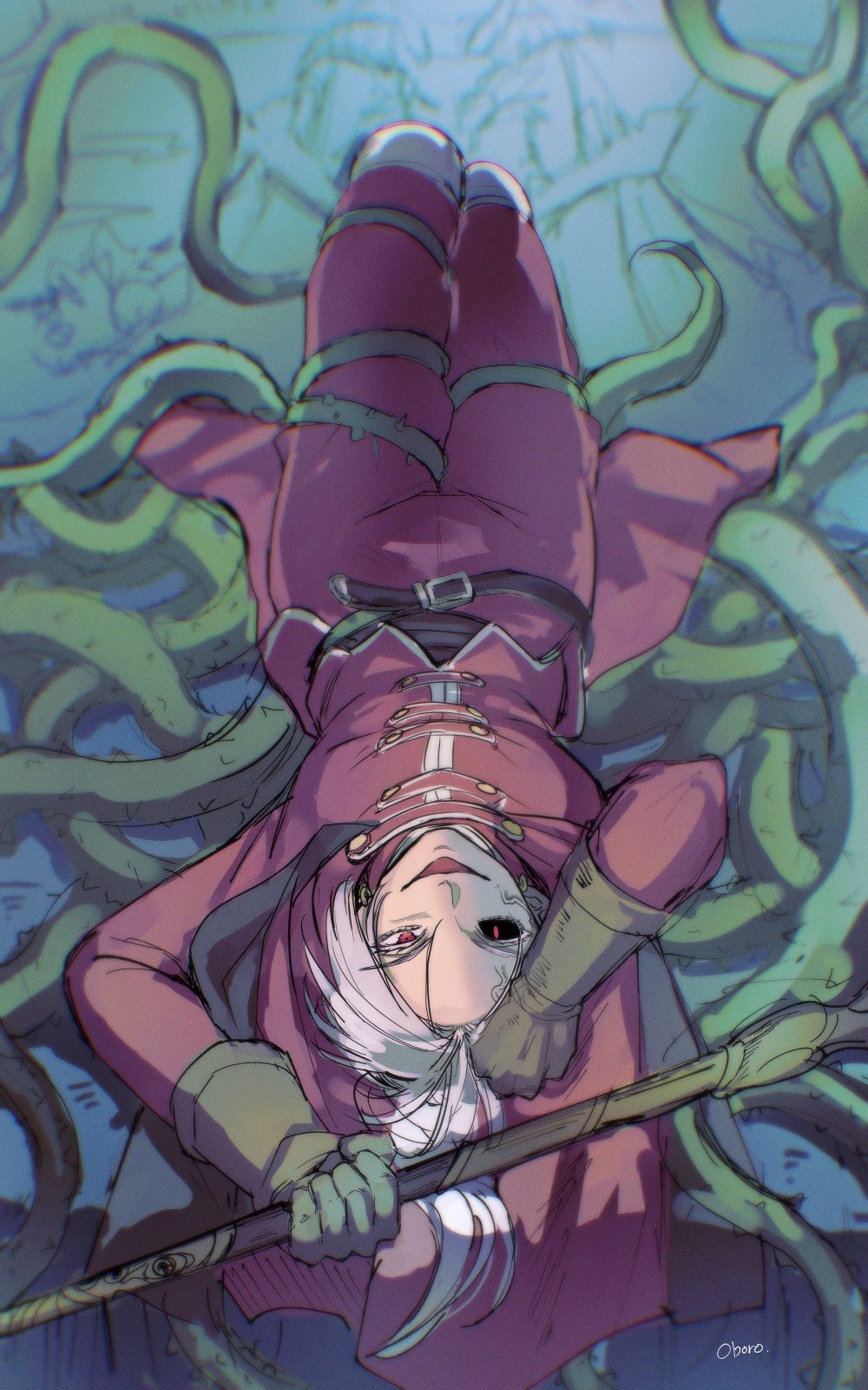oboro dqp, kukuru (dq8), dragon quest, dragon quest viii, commentary request, highres, unfinished, 1boy, black sclera, blurry, blurry background, brown gloves, capelet, colored sclera, dark persona, depth of field, earrings, evil smile, film grain, gloves, gold earrings, holding, holding staff, hoop earrings, jewelry, looking at viewer, lying, male focus, mismatched sclera, on back, open mouth, pants, plant, ponytail, red capelet, red eyes, red pants, red shirt, shirt, smile, solo, staff, thorns, veiny face, vines, white hair, white trim