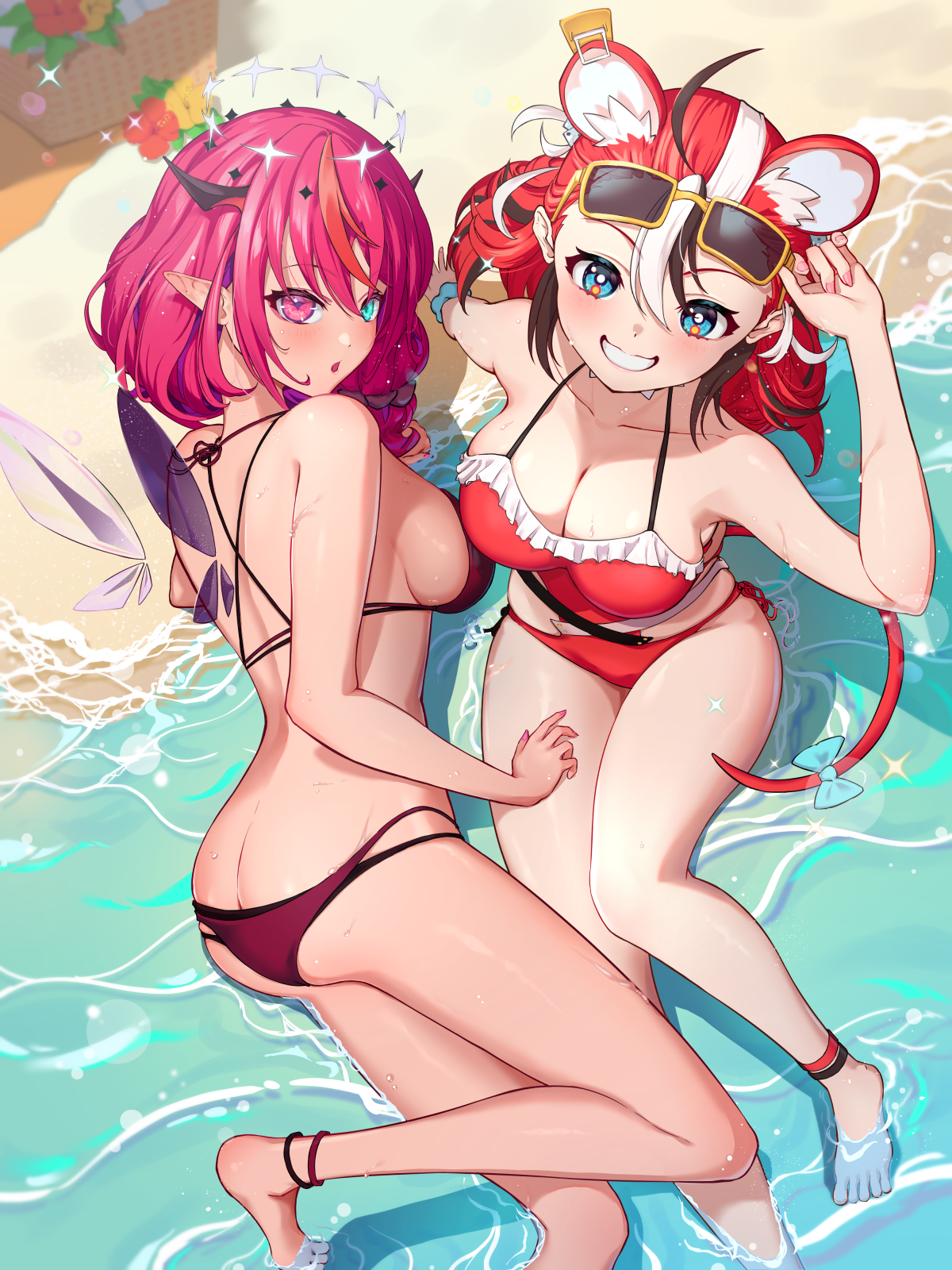 hareteruya, hakos baelz, hakos baelz (holonatsu paradise), irys (hololive), irys (holonatsu paradise) (hololive), hololive, hololive english, holonatsu paradise, commentary, english commentary, highres, 2girls, animal ears, arm support, asymmetrical wings, barefoot, beach, bikini, black bikini, black hair, blue eyes, breasts, butt crack, casual one-piece swimsuit, cleavage, clothing cutout, colored tips, criss-cross back-straps, crystal wings, day, detached wings, dice hair ornament, double-parted bangs, double halo, extra ears, eyewear on head, frilled one-piece swimsuit, frills, from above, grin, hair between eyes, hair ornament, halo, halterneck, heterochromia, hip vent, large breasts, layered bikini, looking at viewer, low ponytail, lying, median furrow, mini wings, mismatched wings, mouse ears, mouse girl, mouse tail, mousetrap, multicolored bikini, multicolored hair, multiple girls, official alternate costume, official alternate hairstyle, on side, one-piece swimsuit, open mouth, outdoors, pink eyes, pointy ears, ponytail, purple bikini, purple hair, red hair, red one-piece swimsuit, scrunchie, sideboob, sitting, smile, star-shaped pupils, star (symbol), star halo, streaked hair, sunglasses, swimsuit, symbol-shaped pupils, tail, virtual youtuber, white hair, wings, wrist scrunchie, yellow-framed eyewear