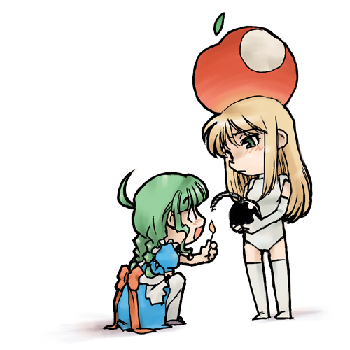 mac os, me-tan, osx, apple inc., os-tan, lowres, apple, bitten apple, bomb, explosive, food, food as clothes, food bite, fruit, personification, simple background, thighhighs