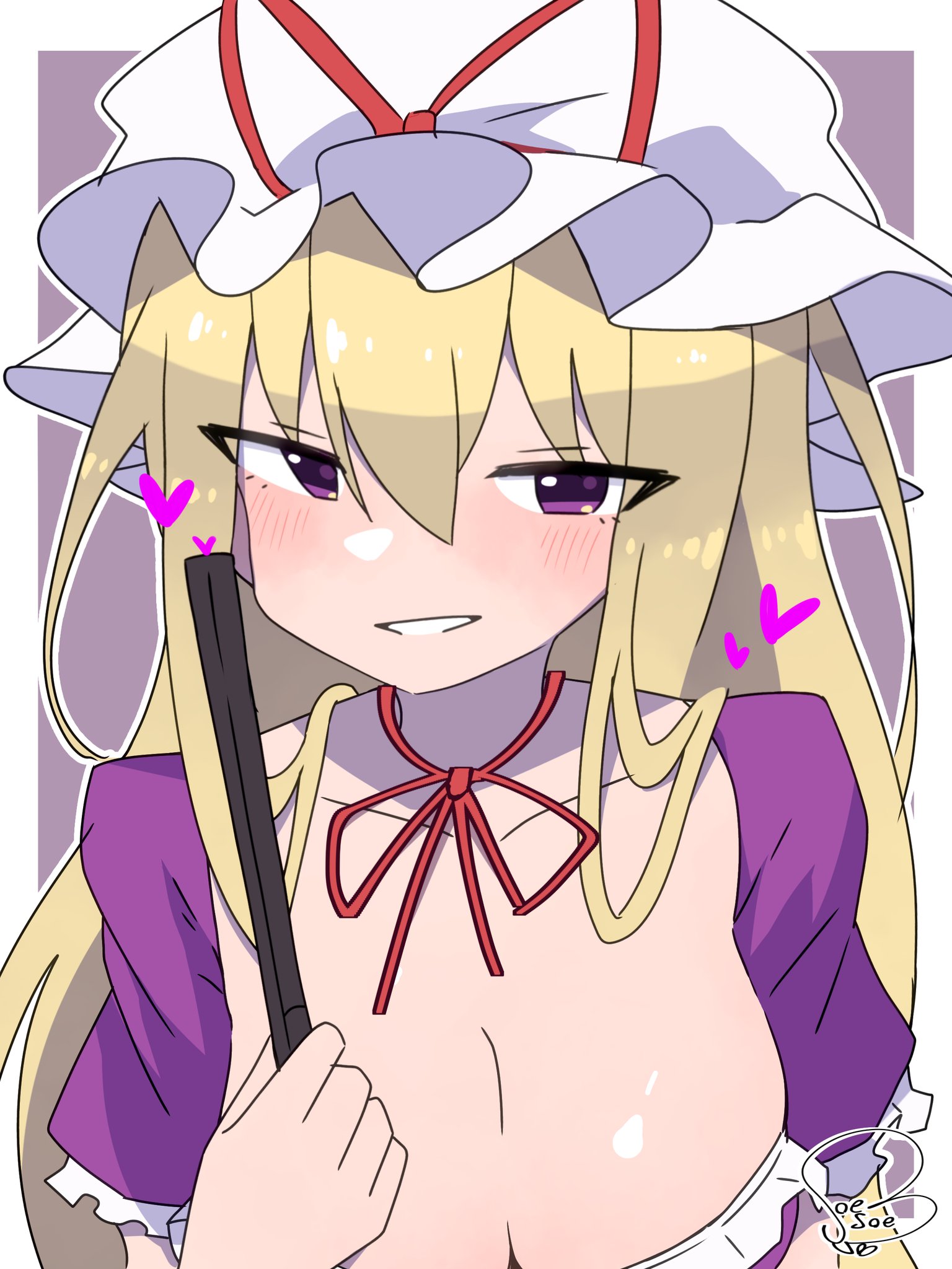 soesoe300, yakumo yukari, touhou, highres, 1girl, blonde hair, breasts, choker, cleavage, collarbone, dress, folded fan, folding fan, frills, grin, hair between eyes, hand fan, hat, heart, holding, holding fan, large breasts, long hair, looking at viewer, mob cap, purple dress, purple eyes, ribbon choker, short sleeves, signature, smile, solo, upper body, very long hair