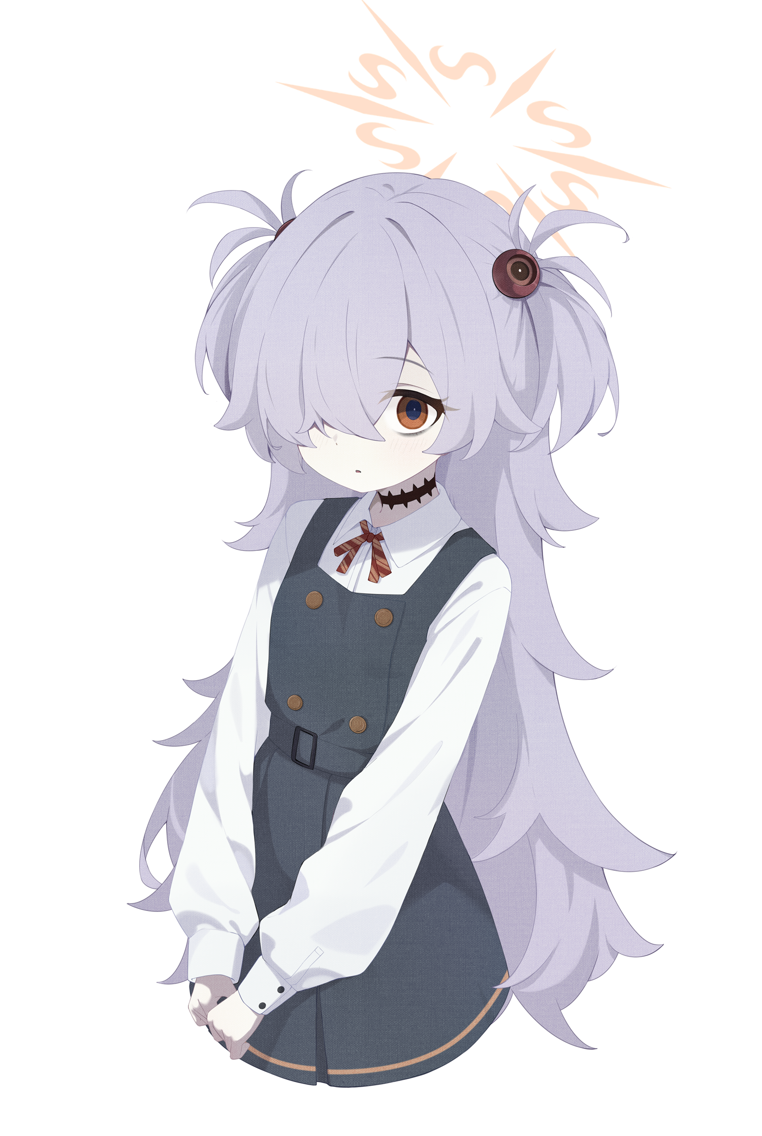 rokukarashi, kanoe (blue archive), blue archive, commentary, highres, 1girl, black dress, collared shirt, cropped legs, dress, eyeball hair ornament, grey hair, hair over one eye, halo, long hair, looking at viewer, parted lips, pinafore dress, red eyes, shirt, simple background, sleeveless, sleeveless dress, solo, two side up, white background, white shirt
