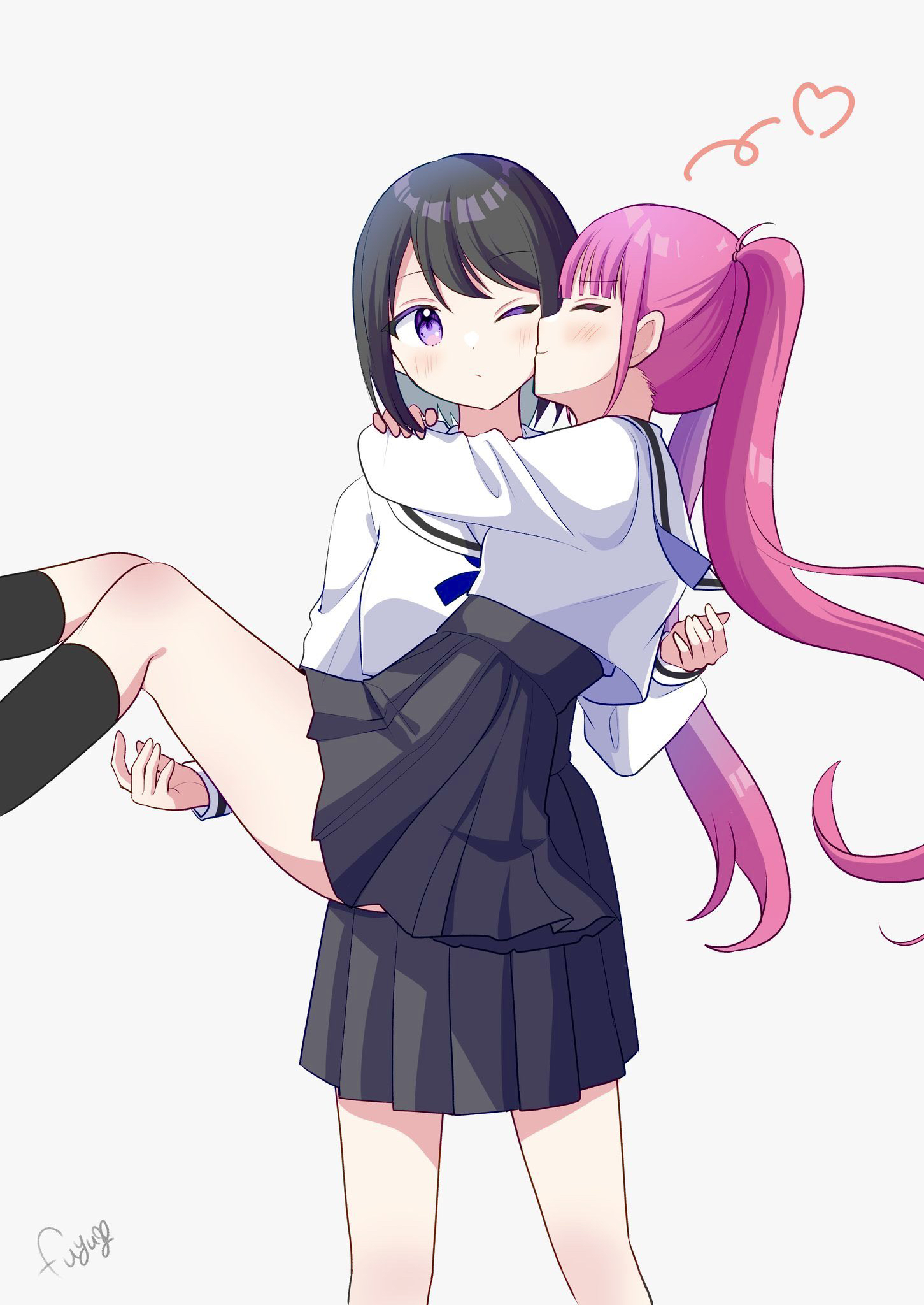 fuyukusa 1, original, commentary request, highres, 2girls, arms around neck, black hair, black skirt, black socks, carrying, closed mouth, heart, kiss, kissing cheek, kneehighs, long hair, multiple girls, one eye closed, pink hair, pleated skirt, princess carry, purple eyes, school uniform, shirt, simple background, skirt, socks, twintails, white background, white shirt, yuri