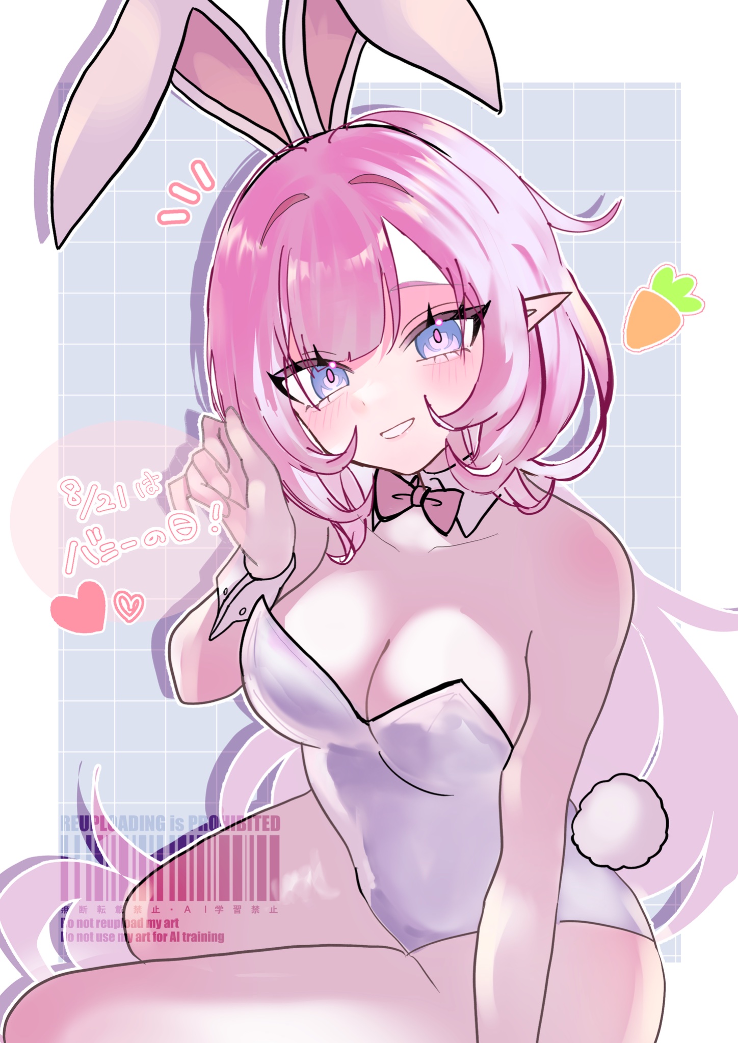 fuka ( ilouxs2), elysia (honkai impact), honkai (series), honkai impact 3rd, hashtag-only commentary, highres, translation request, 1girl, alternate costume, animal ears, bare shoulders, blue background, blue eyes, border, breasts, bunny day, cleavage, elf, fake animal ears, fake tail, grid background, heart, large breasts, leotard, pink hair, playboy bunny, pointy ears, rabbit ears, rabbit tail, solo, tail, thighs, white border