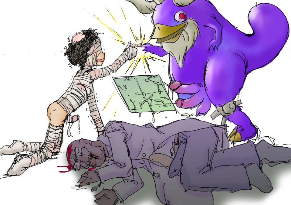 dr norton, norton, linux, os-tan, artist request, character request, tagme, 2boys, all fours, bald, bandaged penis, bandages, black hair, blood, broken eyewear, bulge, corpse, creature, cum, curly hair, dripping, ejaculation, erection, erection under clothes, extra penises, full body, glasses, head bump, injury, kneeling, lab coat, long sleeves, lying, male focus, monster, multiple boys, on side, penis, shota, simple background, trembling, what, white background