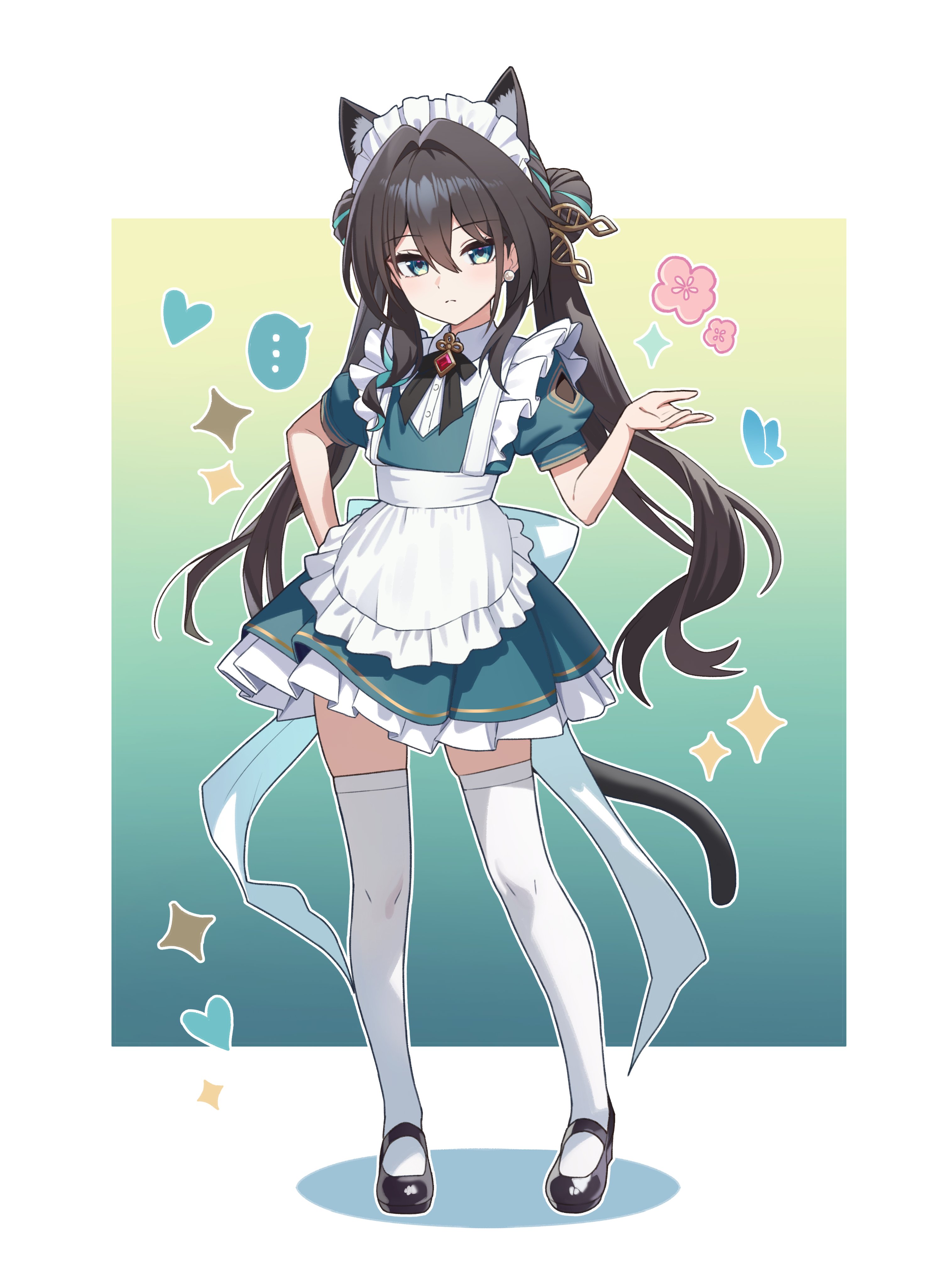 ll 0109, ruan mei (honkai: star rail), honkai: star rail, honkai (series), absurdres, highres, 1girl, aged down, alternate costume, animal ears, apron, black hair, black shoes, cat ears, cat tail, closed mouth, dress, enmaided, full body, green dress, green eyes, hair between eyes, kemonomimi mode, long hair, looking at viewer, maid, maid apron, maid headdress, shoes, short sleeves, sitting, standing, tail, thighhighs, white apron, white background, white thighhighs