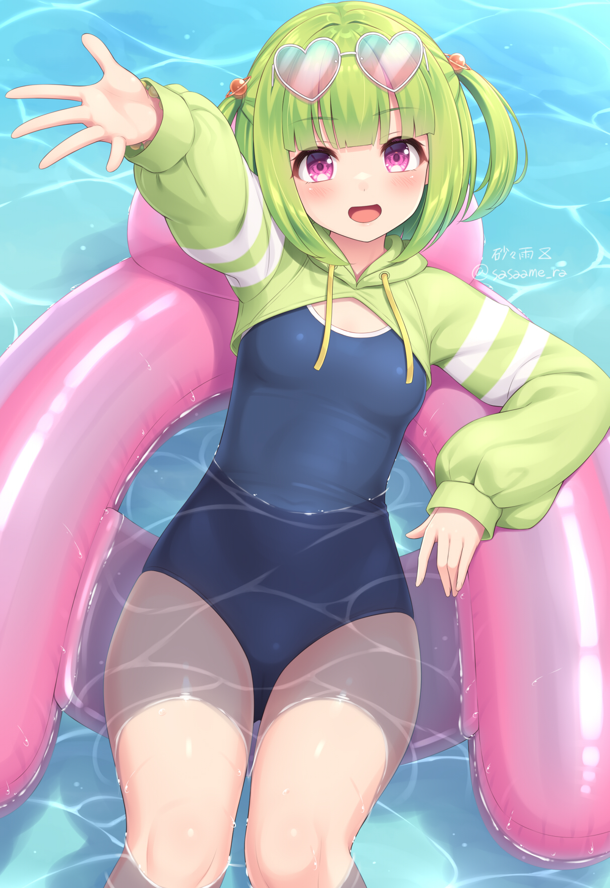 sasaame, original, highres, 1girl, breasts, cropped hoodie, eyewear on head, green hair, heart, heart-shaped eyewear, hood, hoodie, looking at viewer, one-piece swimsuit, school swimsuit, shrug (clothing), small breasts, smile, solo, swimsuit, water
