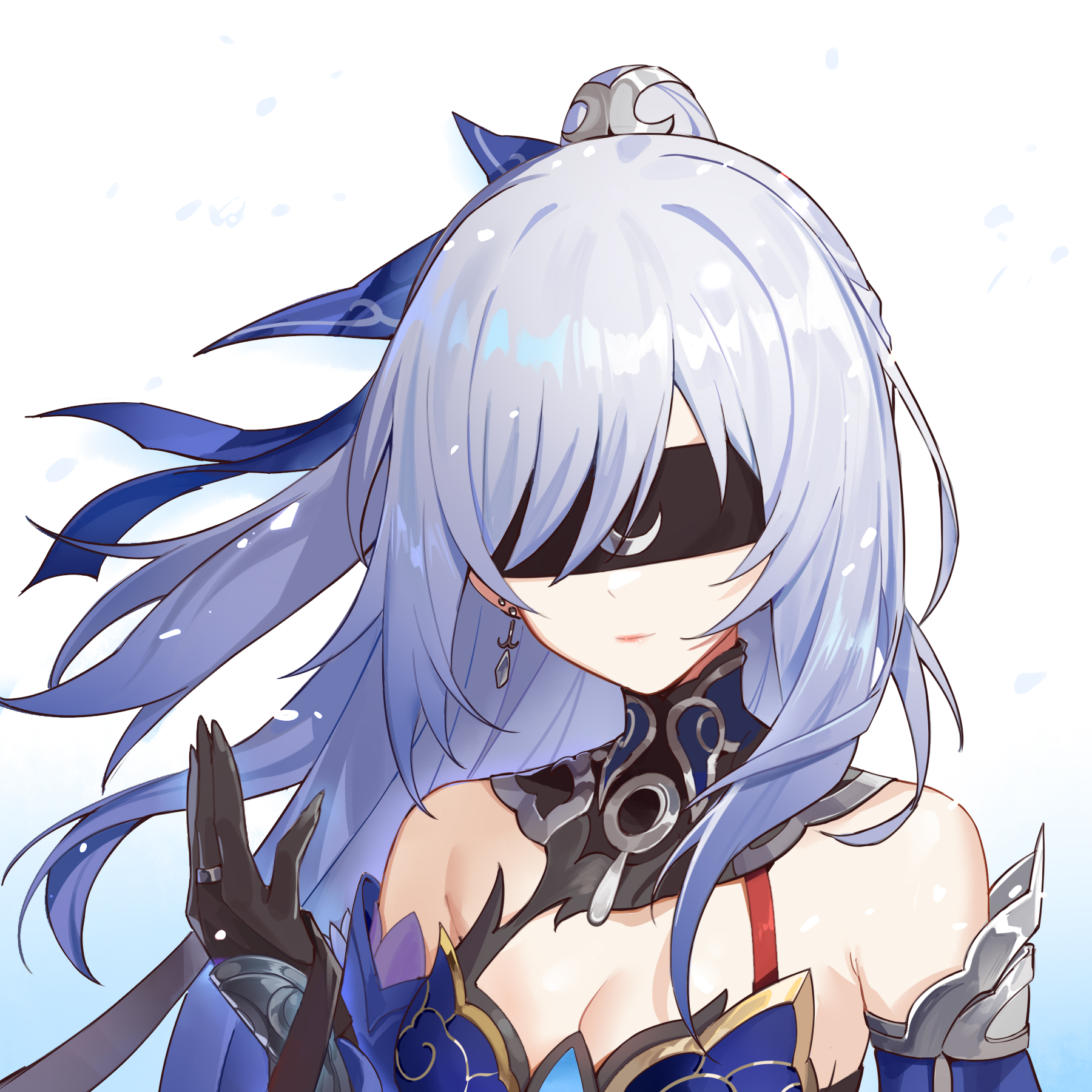 chi-aaa, jingliu (honkai: star rail), honkai: star rail, honkai (series), highres, 1girl, bare shoulders, black gloves, blindfold, blue dress, breasts, cleavage, closed mouth, dress, earrings, gloves, grey hair, hair between eyes, hair ornament, jewelry, long hair, looking at viewer, medium breasts, ponytail, ring, simple background, single earring, smile, solo, upper body, white background