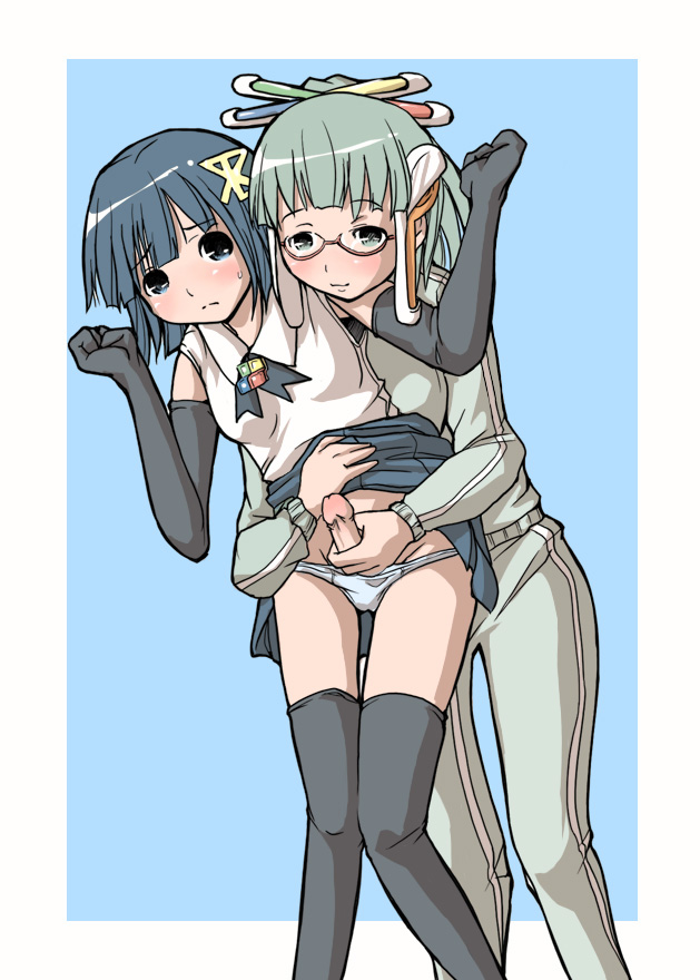 98-tan, homeko, xp home-tan, xphome, os-tan, 1futa, 1girl, blush, bob cut, breasts, clothes lift, elbow gloves, futa with female, futanari, glasses, gloves, handjob, medium breasts, panties, penis, reach-around, skirt, skirt lift, small breasts, standing, thighhighs, uncensored, underwear
