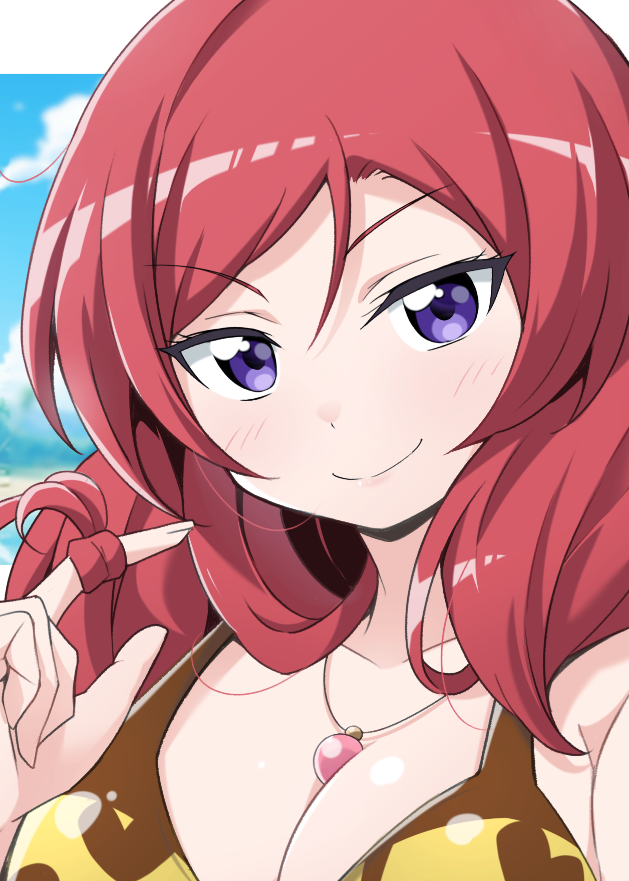 kirisaki reina, nishikino maki, love live!, highres, 1girl, beach, bikini, blue sky, blurry, blurry background, breasts, cleavage, collarbone, jewelry, large breasts, long hair, looking at viewer, necklace, ocean, outdoors, purple eyes, red hair, sky, smile, solo, swimsuit, twirling hair, upper body, yellow bikini