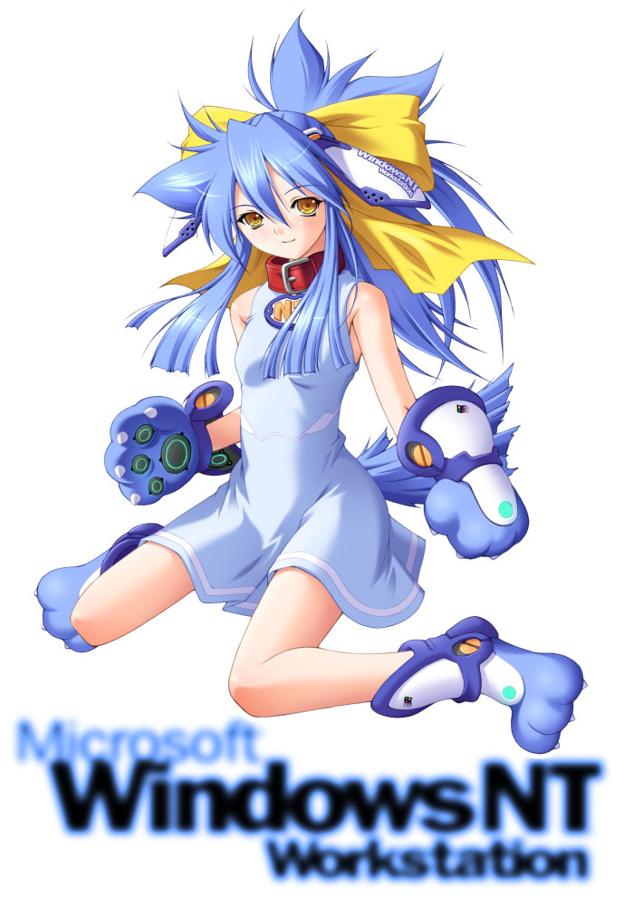 inu-t, microsoft windows, os-tan, 1girl, blue hair, blush, bow, choker, claws, english text, female focus, gloves, hair between eyes, hair bow, ponytail, shirt, simple background, sitting, sleeveless, sleeveless shirt, smile, solo, wariza, white background, white shirt, yellow bow, yellow eyes