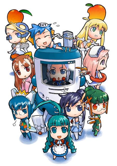 hirai yukio, 2003 server, 2k-tan, 95-tan, 98-tan, ce-tan, homeko, me-tan, nt-tan, os9, os9.2, xp-tan, xp home-tan, xphome, microsoft windows, os-tan, windows 95, windows classic, 6+girls, :d, :o, :p, ^ ^, ahoge, apple, black hair, blonde hair, blue eyes, blue hair, blunt bangs, chibi, chibi only, closed eyes, crown, dress, everyone, flying sweatdrops, food, fruit, glass, glasses, green eyes, green hair, hair ornament, hairpin, headgear, machinery, multiple girls, open mouth, orange eyes, sidelocks, simple background, smile, standing, thighhighs, tongue, tongue out, white background