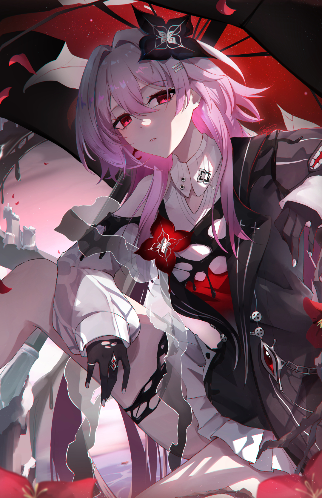 elphe, evernight (honkai: star rail), march 7th (honkai: star rail), honkai: star rail, honkai (series), highres, 1girl, black dress, black flower, black gloves, dress, flower, flower ornament, gloves, hair between eyes, hair ornament, long hair, long sleeves, looking at viewer, official alternate costume, official alternate eye color, official alternate hair length, official alternate hairstyle, parted lips, pink hair, red eyes, single bare shoulder, umbrella
