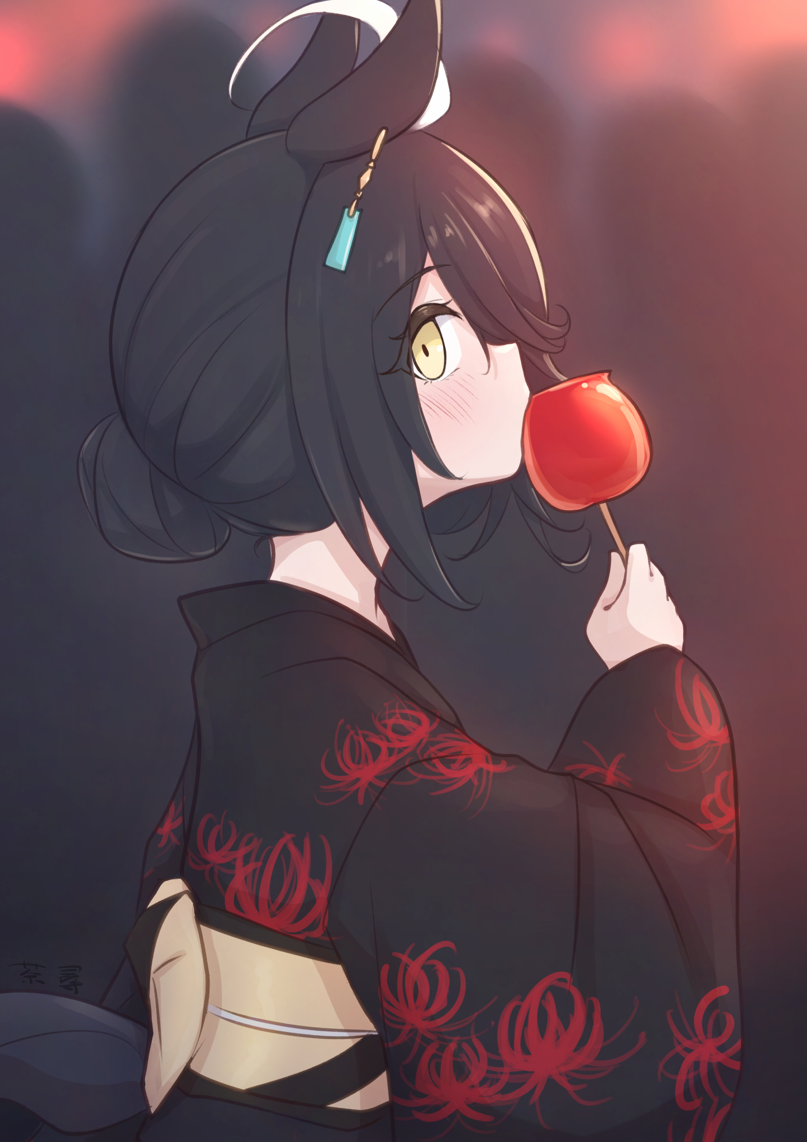 chahiro, manhattan cafe (umamusume), umamusume, highres, 1girl, ahoge, animal ears, artist name, blonde hair, blush, candy apple, ear ornament, ear tag, earrings, floral print, flower, food, hair bun, hair over one eye, hand up, holding, holding candy apple, holding food, horse ears, horse girl, japanese clothes, jewelry, kimono, long bangs, long sleeves, looking at viewer, multicolored hair, nape, obi, red flower, sash, single earring, single hair bun, solo, spider lily, summer festival, white hair, wide sleeves, yellow eyes, yukata