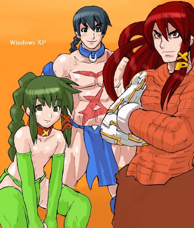 me-kun, xp-kun, os-tan, green legwear, 3boys, blush, braid, choker, crossed arms, fundoshi, green eyes, green hair, japanese clothes, male focus, multiple boys, orange background, red eyes, red hair, scar, serious, sidelocks, simple background, single braid, sitting, smile, standing, thighhighs, topless male