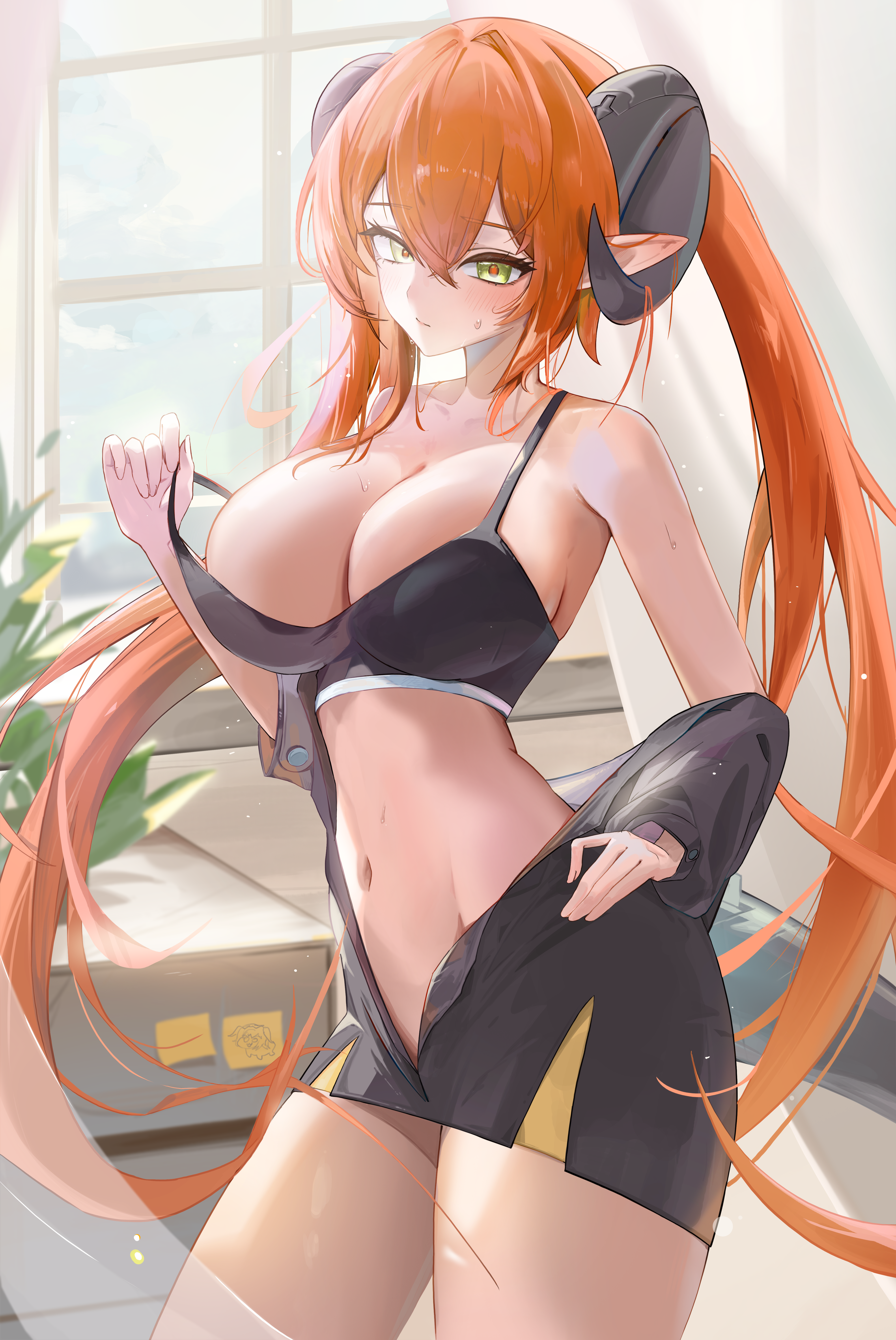 chowol, orphie magnusson, zenless zone zero, absurdres, commentary, english commentary, highres, 1girl, bare shoulders, black horns, black jacket, black sports bra, blush, breasts, cleavage, collarbone, crop top, crossed bangs, curled horns, curtains, day, green eyes, hair between eyes, hand on own hip, hand up, horns, indoors, jacket, large breasts, light particles, long hair, looking at viewer, navel, off shoulder, orange hair, orange pupils, plant, pointy ears, sidelocks, solo, sports bra, standing, stomach, strap pull, sweat, sweatdrop, tail, thighs, twintails, very long hair, window