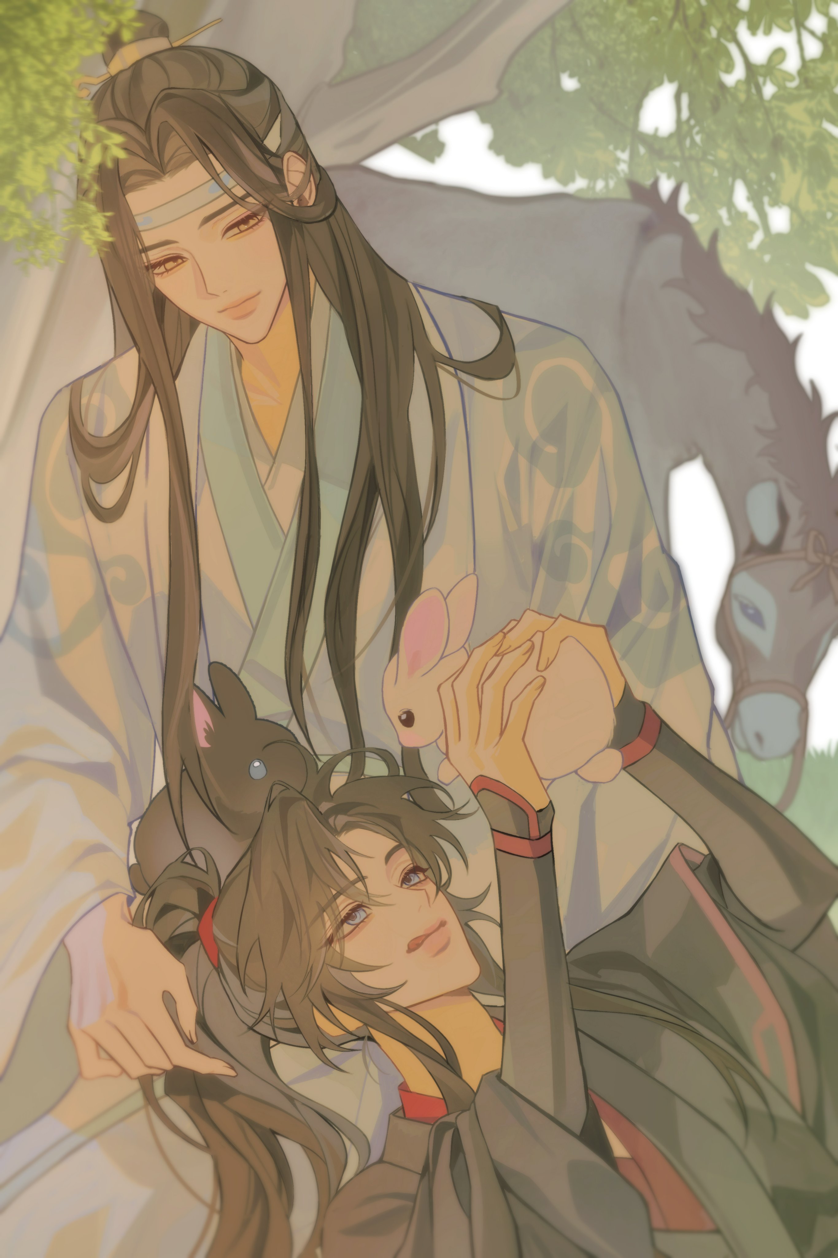 lan wangji, wei wuxian, modao zushi, absurdres, highres, korean commentary, 2boys, animal, bishounen, black hair, black hanfu, black rabbit (animal), blue eyes, brown hair, chinese clothes, closed mouth, couple, donkey, grass, haed u, hanfu, headband, holding, holding animal, holding rabbit, lap pillow, leaf, licking lips, long hair, long sleeves, looking at animal, looking at another, lying, male focus, multiple boys, on back, outdoors, petting, ponytail, rabbit, robe, sidelocks, sitting, sleeves past wrists, smile, tongue, tongue out, topknot, tree, upper body, white hanfu, white headband, white rabbit (animal), wide sleeves, xiao guan (headdress), yaoi, yellow eyes