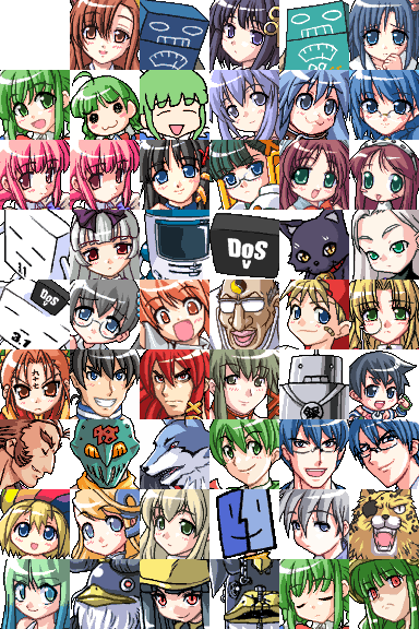 akaneya, 2003 server, 2k-kun, 2k-tan, 3.1-tan, 95-tan, 98-tan, 98se-kun, 98se-tan, ce-tan, dos, dos cat, dr norton, homeko, lindows, linux-tan, mcafee antivirus, me-kun, me-tan, norton, nt-tan, os9, trend micro virus buster, we-tan, xp-kun, xp-tan, xp home-tan, xphome, apple inc., linux, mcafee, microsoft, os-tan, trend micro, 6+boys, 6+girls, :3, ahoge, bald, bandaid, blonde hair, blue eyes, blue hair, cat, closed eyes, everyone, eyepatch, faceset, glasses, gradient hair, green eyes, green hair, grin, icon (computing), monocle, multicolored hair, multiple boys, multiple girls, robot, semi-rimless eyewear, smile, two-tone hair, under-rim eyewear