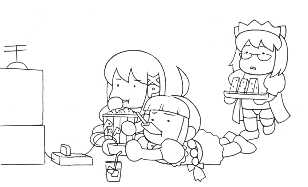 2k-tan, me-tan, xp-tan, os-tan, 3girls, ahoge, blunt bangs, chibi, chibi only, controller, cup, drinking glass, drinking straw, eating, food, fruit, game console, game controller, glass, glasses, greyscale, lineart, monochrome, multiple girls, playing games, popcorn, television, thighhighs, video game, watermelon, white background