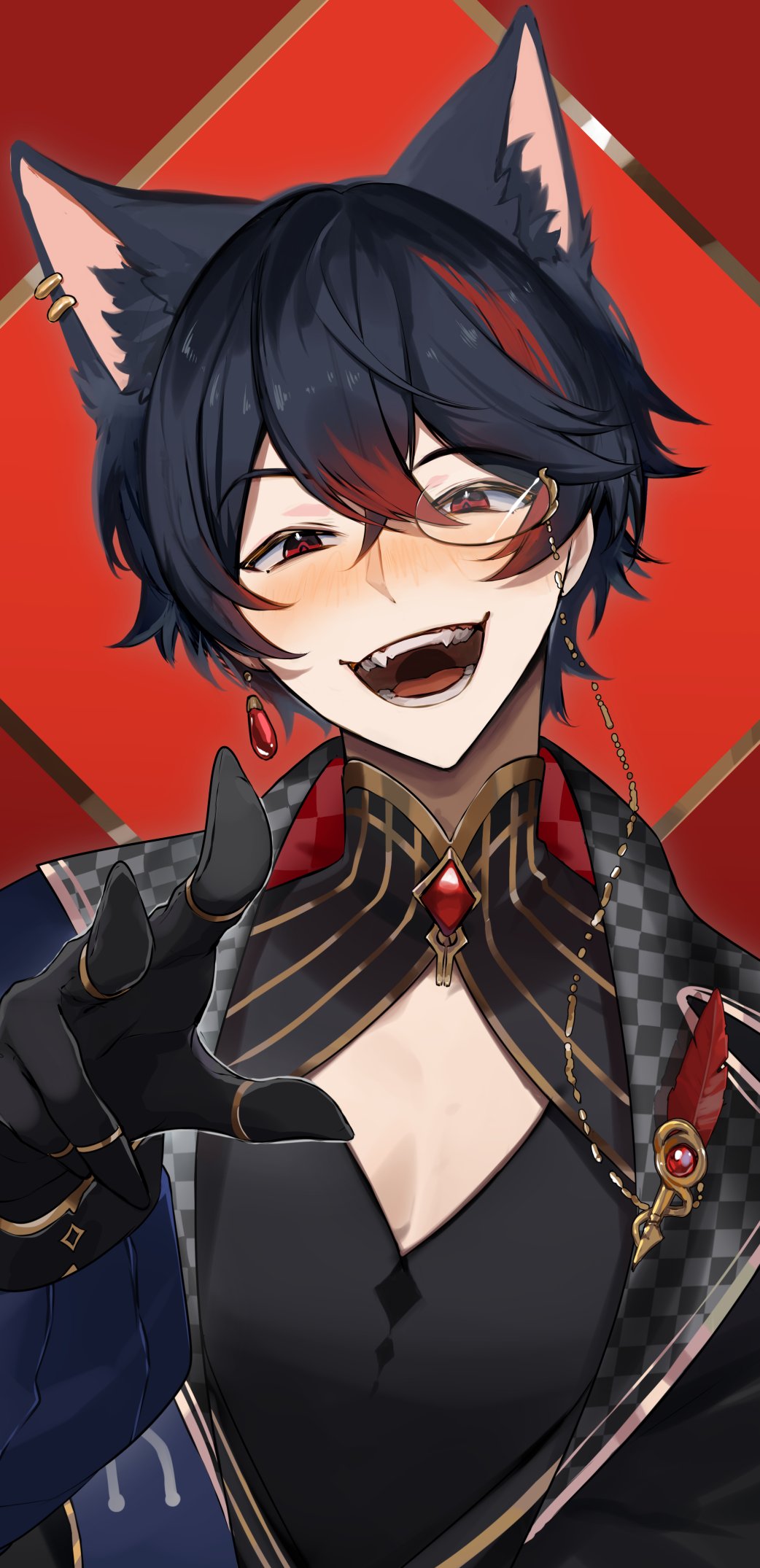 elfboiii, merry (merryweather), indie virtual youtuber, commentary, english commentary, highres, 1boy, :d, above-cleavage cutout, animal ear piercing, animal ears, black gloves, black hair, black jacket, black vest, clothing cutout, colored tips, crossed bangs, dog ears, double-parted bangs, fangs, gloves, grin, hair between eyes, head tilt, jacket, looking at viewer, male focus, multicolored hair, open mouth, pointing, pointing at viewer, red eyes, red streaks, short hair, smile, solo, upper body, vest