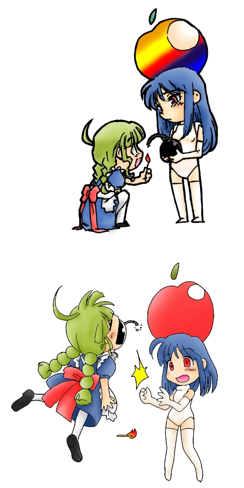 me-tan, os9, os-tan, long image, tall image, 2girls, ahoge, apple, blue hair, bomb, braid, explosive, food, fruit, green hair, multiple girls, thighhighs, twin braids