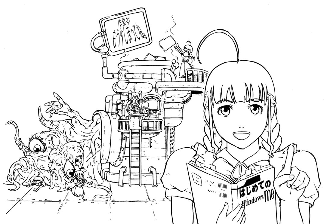 me-tan, os-tan, translation request, ahoge, braid, folder, greyscale, machine, manual, monochrome, monster, twin braids