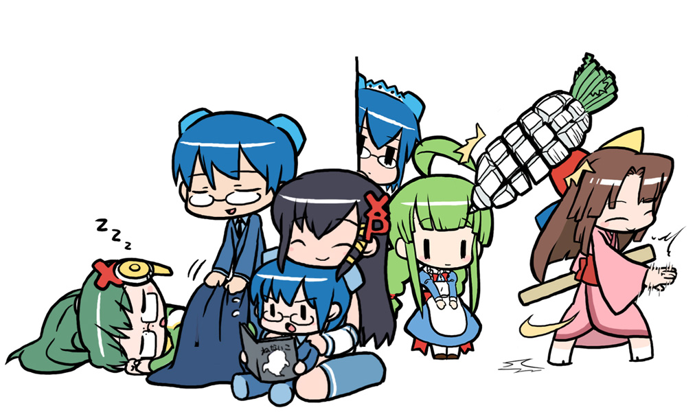 2k-kun, 2k-tan, 95-tan, homeko, me-tan, xp-tan, xp home-tan, xphome, os-tan, 2boys, 5girls, ^ ^, ahoge, apron, black hair, blue hair, book, chibi, chibi only, clapping, closed eyes, explosive, glasses, green hair, grenade, hair ornament, hairpin, japanese clothes, multiple boys, multiple girls, open book, own hands together, peeking out, reading, sleeping, smile, spring onion, v arms, zzz