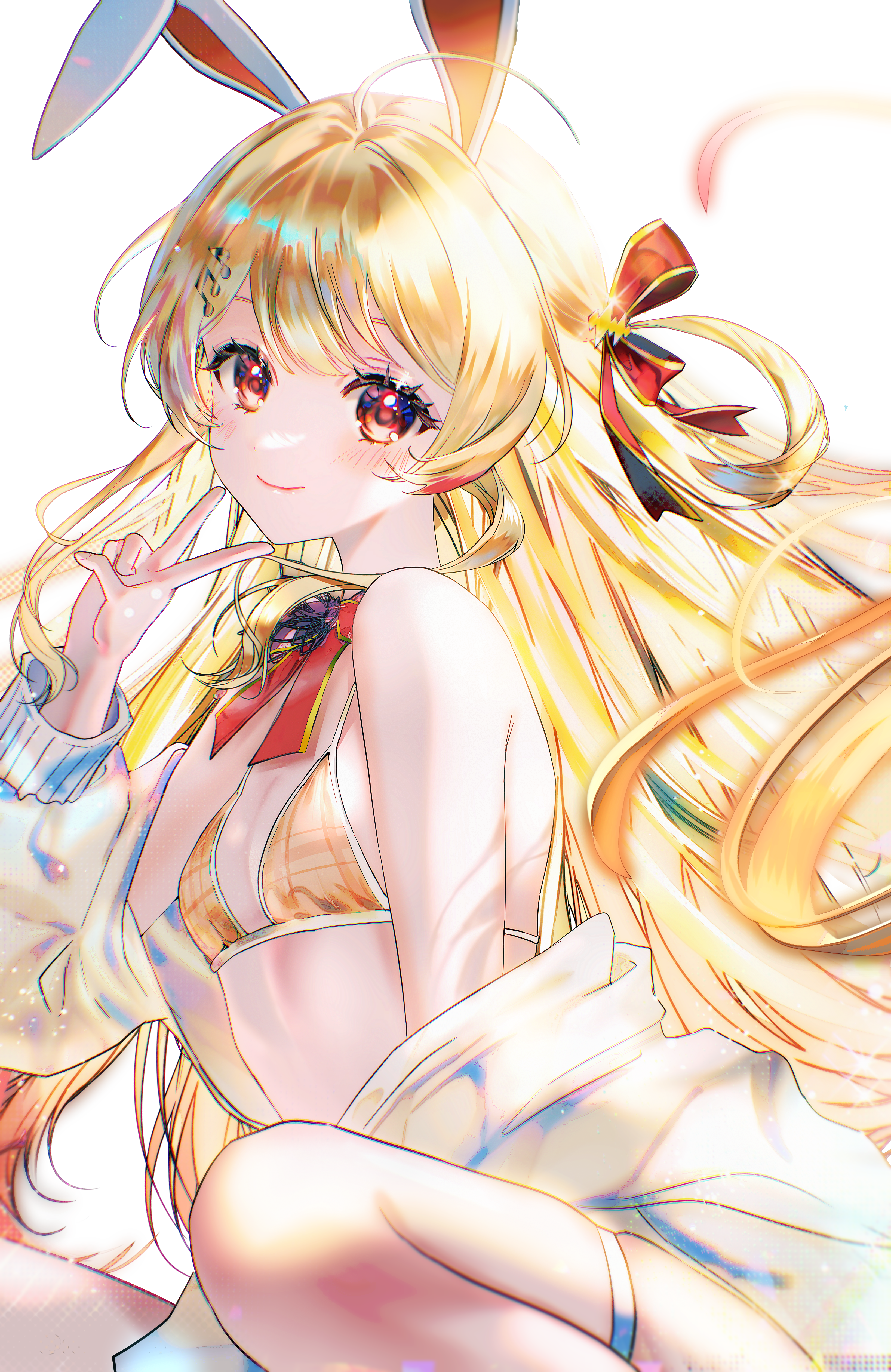 sowon, otonose kanade, hololive, hololive dev is, absurdres, commentary, highres, symbol-only commentary, 1girl, ahoge, alternate costume, beamed eighth notes, between legs, bikini, blonde hair, bow, bowtie, breasts, brown eyes, cleavage, closed mouth, double-parted bangs, eighth note, fortissimo, hair between eyes, hair ornament, hair ribbon, hairclip, hand between legs, hand up, jacket, jacket partially removed, long hair, looking at viewer, musical note, musical note hair ornament, one side up, orange bikini, rabbit, red bow, red bowtie, red ribbon, ribbon, sidelocks, simple background, sitting, small breasts, smile, solo, swimsuit, thigh strap, transparent background, v, very long hair, virtual youtuber, white jacket