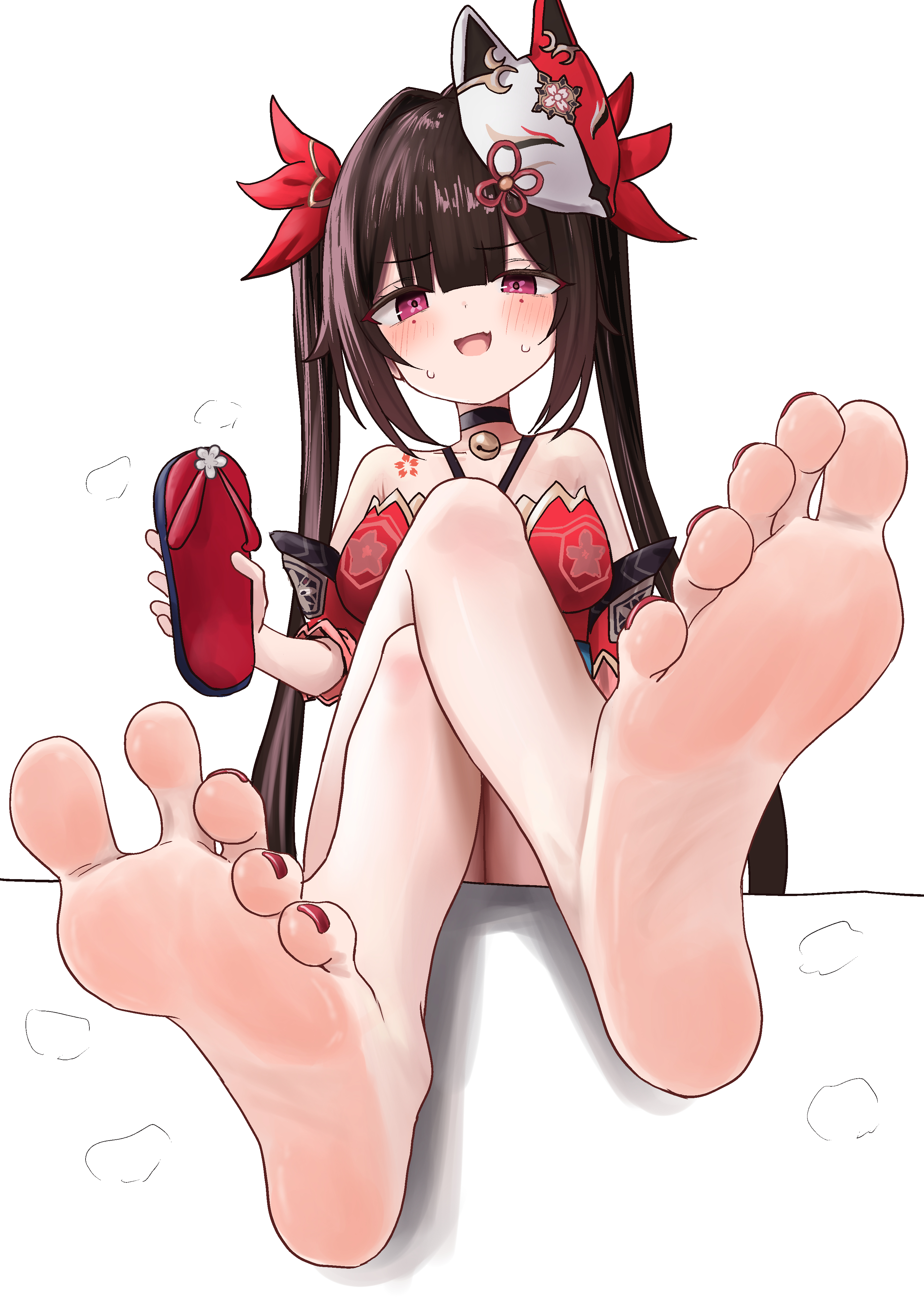 lts kakuyo, sparkle (honkai: star rail), honkai: star rail, honkai (series), absurdres, highres, 1girl, barefoot, bell, black choker, black sash, brown hair, butterfly-shaped pupils, choker, criss-cross halter, crossed legs, detached sleeves, dress, fang, feet, flower tattoo, foot focus, fox mask, from below, gloves, greek toe, halterneck, holding, holding sandals, looking at viewer, mark under both eyes, mask, mask on head, neck bell, open mouth, pink eyes, red dress, red nails, red sleeves, sandals, sash, simple background, single glove, sitting, smile, soles, solo, steam, symbol-shaped pupils, tattoo, toes, twintails, white background