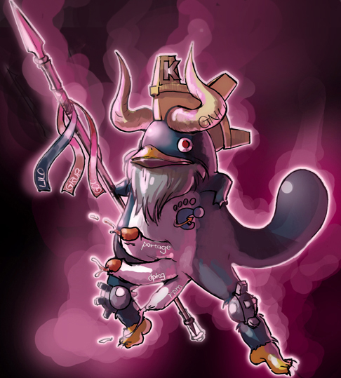 linux, os-tan, animal sexualization, beard, bird, doll joints, extra penises, facial hair, gears, horns, joints, linux kernel, no humans, penguin, penis, polearm, red eyes, spear, weapon, what