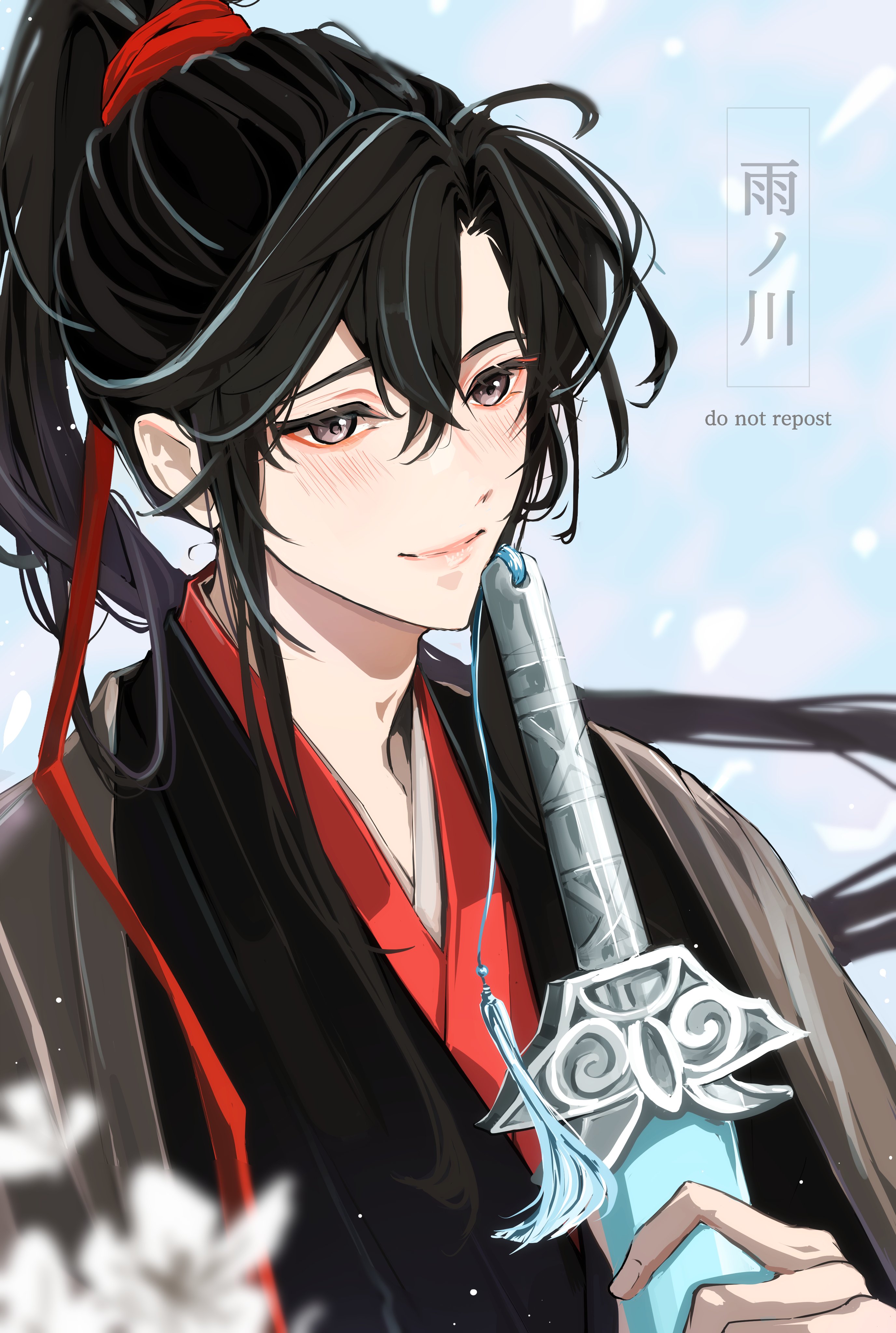 wei wuxian, modao zushi, absurdres, highres, 1boy, ahoge, artist name, bishounen, black hair, black hanfu, blurry, blurry foreground, blush, brown eyes, chinese clothes, closed mouth, eyelashes, falling petals, flower, hair ribbon, hanfu, high ponytail, holding, holding sword, holding weapon, implied yaoi, jian (weapon), light particles, long hair, looking at viewer, male focus, petals, ponytail, red ribbon, ribbon, sheath, sheathed, sidelocks, smile, solo, sword, sword tassel, tassel, tou tou23, upper body, weapon, white flower