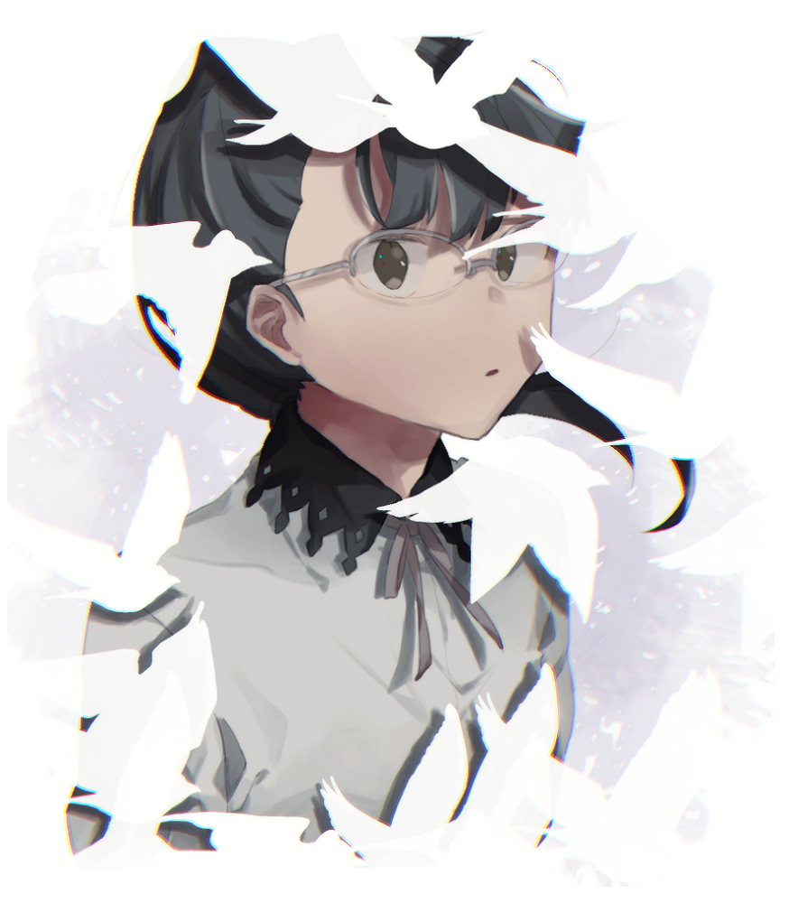 komagusa, sumikaze touko, occultic;nine, science adventure, tagme, 1girl, :o, black hair, glasses, grey eyes, grey neckerchief, high ponytail, long sleeves, neckerchief, ponytail, round eyewear, shirt, simple background, solo, upper body, white background, white shirt