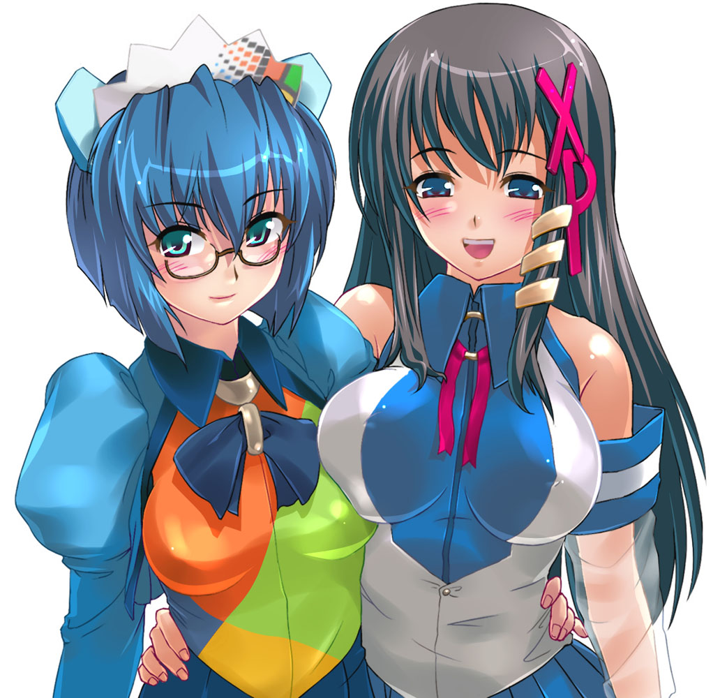 2k-tan, xp-tan, microsoft windows, os-tan, windows 2000, windows classic, 2girls, :d, bare shoulders, blue eyes, blue hair, blush, breasts, brown hair, covered erect nipples, cowboy shot, detached sleeves, glasses, hair ornament, hairpin, hat, large breasts, multiple girls, open mouth, see-through clothes, shirt, simple background, sleeveless, sleeveless shirt, smile, teeth, upper body, white background