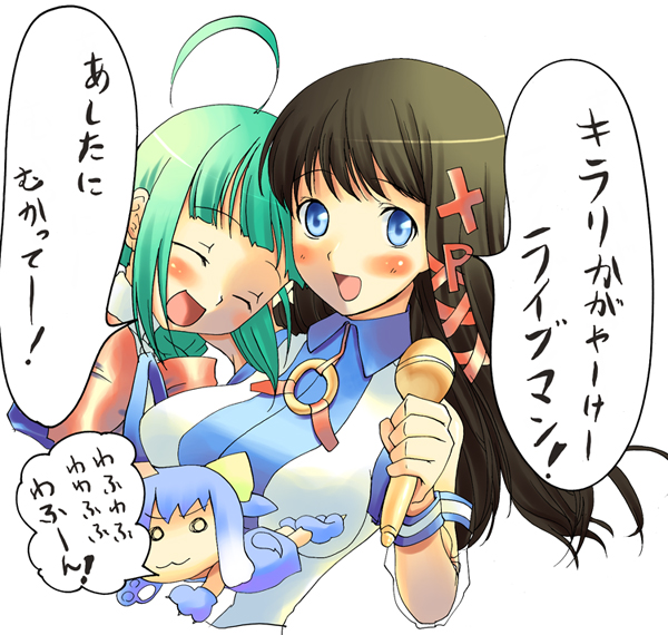 inu-t, me-tan, xp-tan, os-tan, 3girls, ahoge, blush, breasts, brown hair, chibi, chibi inset, closed eyes, green hair, hair ornament, hairclip, large breasts, microphone, multiple girls, simple background