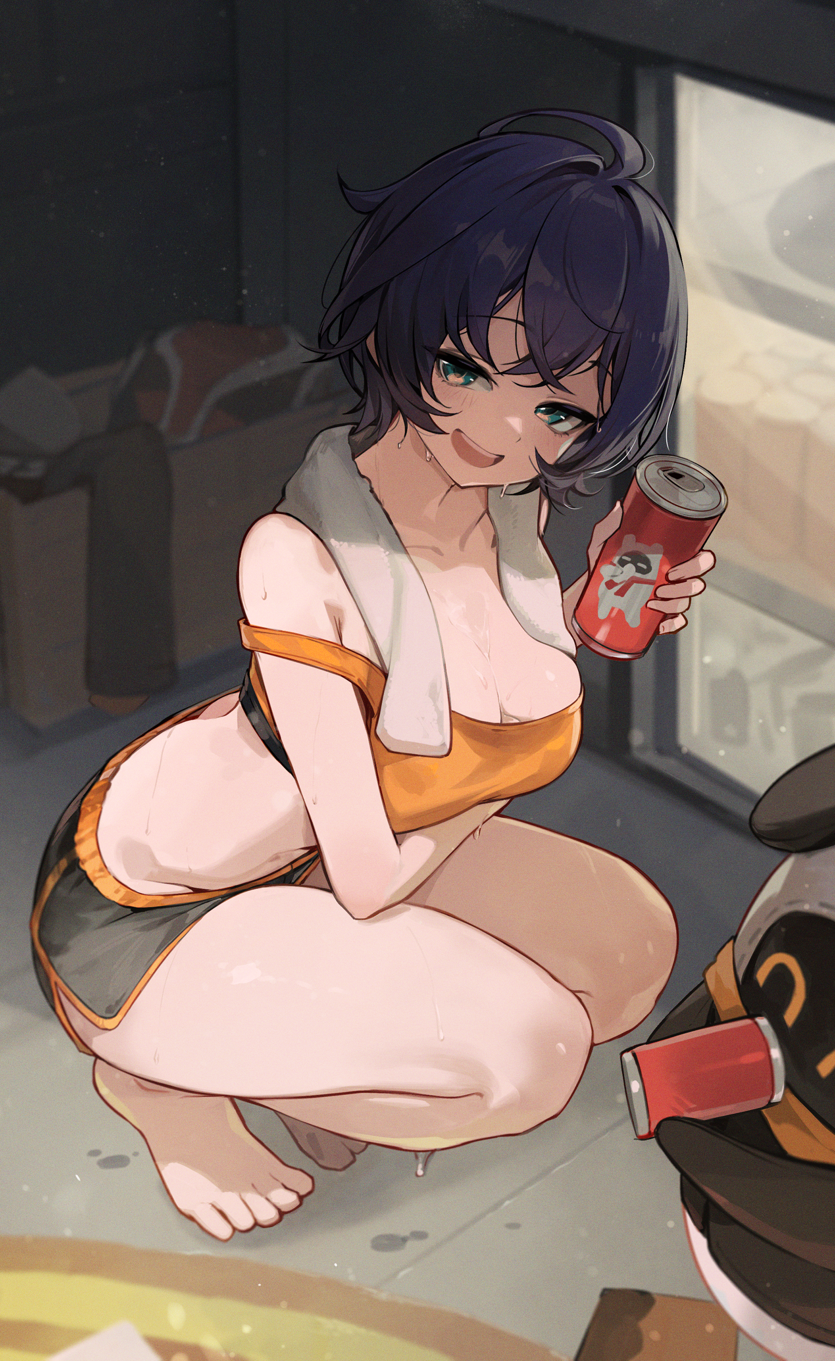 goomrrat, bangboo (zenless zone zero), belle (zenless zone zero), eous (zenless zone zero), zenless zone zero, absurdres, highres, 1girl, :d, barefoot, black shorts, blue hair, breasts, can, cleavage, dolphin shorts, feet, green eyes, holding, holding can, medium breasts, open mouth, orange sports bra, short hair, shorts, smile, solo, sports bra, sweat, sweatdrop, toes, towel, towel around neck